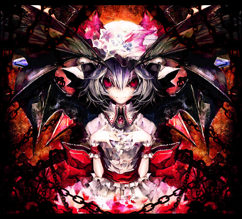 banpai akira, remilia scarlet, touhou, 1girl, bat wings, blue hair, chain, female focus, hat, red eyes, short hair, solo, vampire, wings