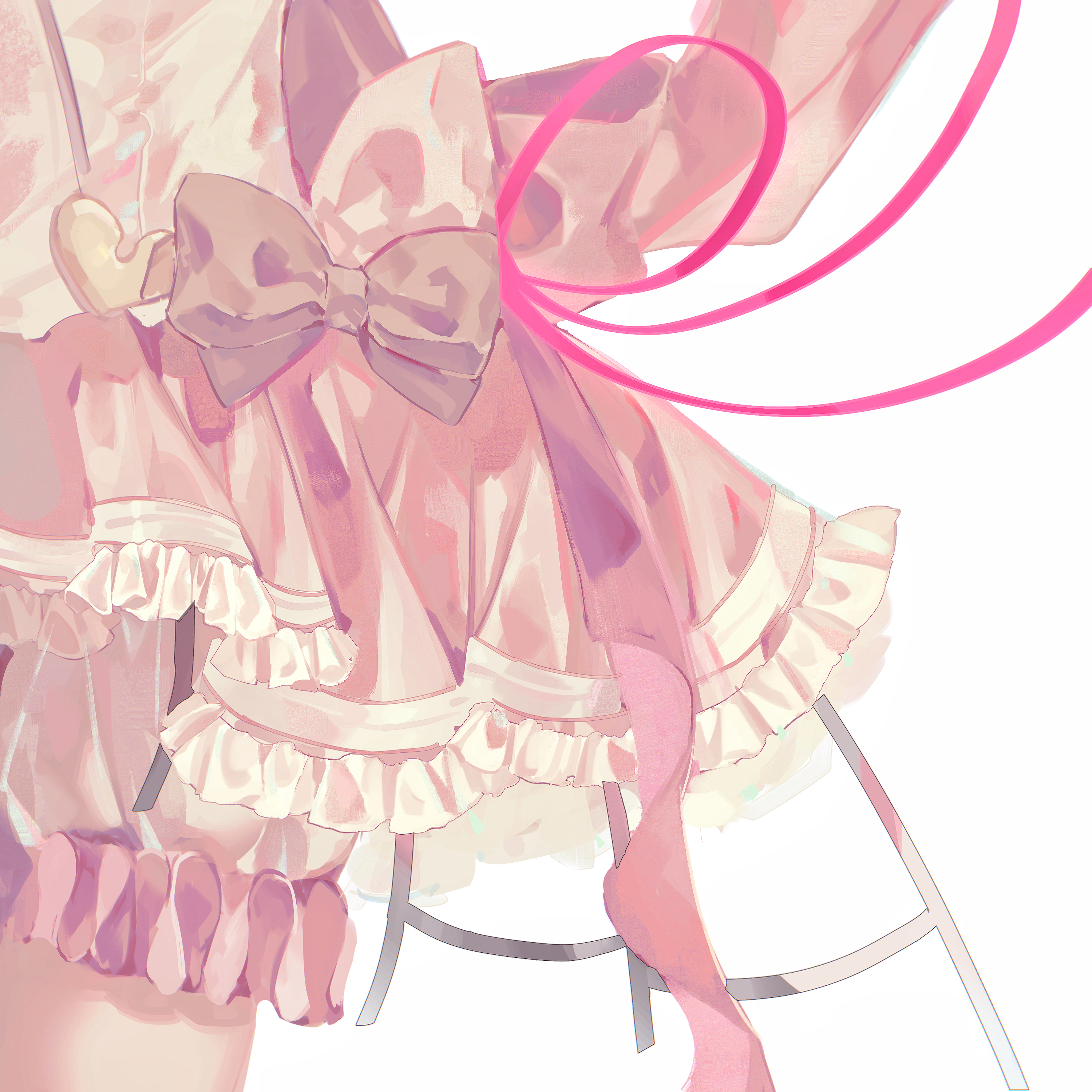 phlic, akiyama mizuki, project sekai, absurdres, commentary, english commentary, highres, 1other, bow, bow skirt, close-up, film grain, frilled skirt, frills, grey bow, heart, pink ribbon, pink skirt, ribbon, ribbon-trimmed skirt, ribbon trim, simple background, skirt, solo, standing, white background, white bow