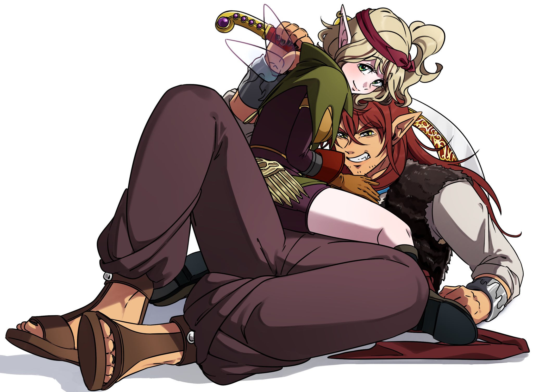 elf (dq10), yushuka (dragon quest), dragon quest, dragon quest x, commentary request, highres, 1boy, 1girl, black horns, black nails, blonde hair, bracer, brown gloves, brown pants, capelet, colored skin, couple, dark-skinned male, dark skin, demon boy, facial hair, fairy wings, fangs, fur vest, gloves, green capelet, green eyes, grin, headband, hetero, holding, holding sword, holding weapon, horns, long hair, looking at viewer, looking back, lying, nanamono 0414, oc x canon, on back, pants, pink skin, pointy ears, purple shorts, red hair, red headband, sandals, shirt, shorts, side ponytail, size difference, smile, straddling, stubble, sword, weapon, white background, white shirt, wings, yellow eyes