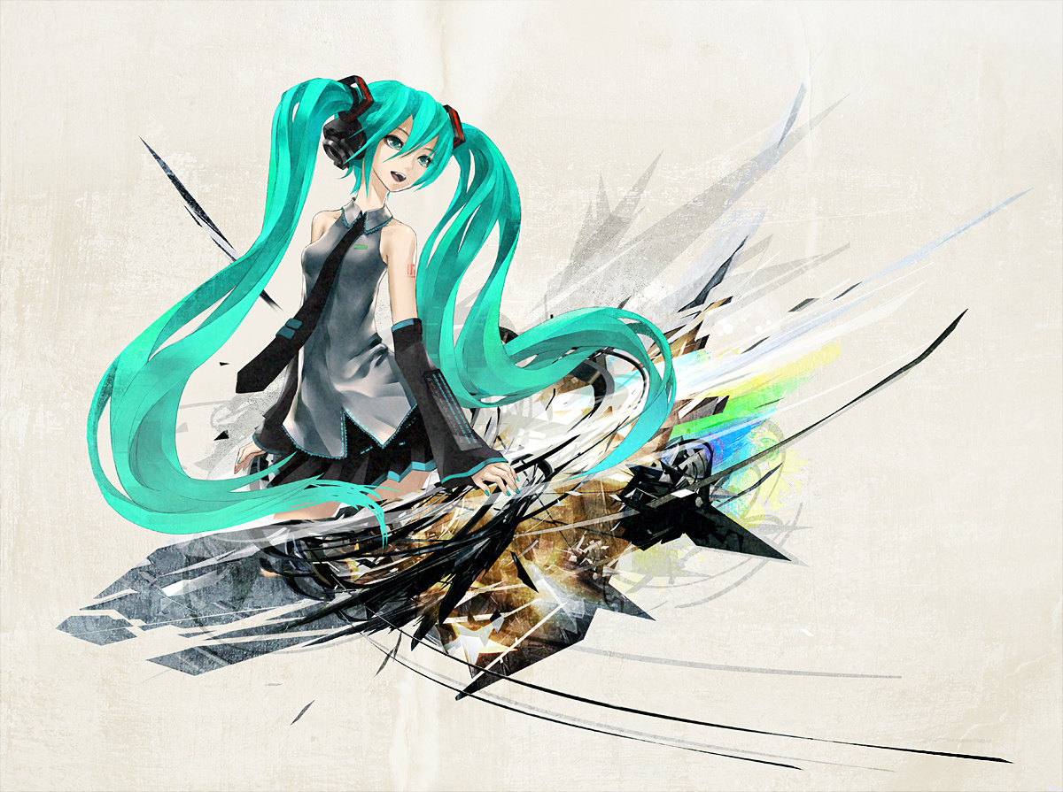 redjuice, hatsune miku, last night good night (vocaloid), vocaloid, md5 mismatch, resolution mismatch, source larger, 1girl, detached sleeves, female focus, green eyes, green hair, headphones, long hair, matching hair/eyes, necktie, skirt, solo, twintails, very long hair