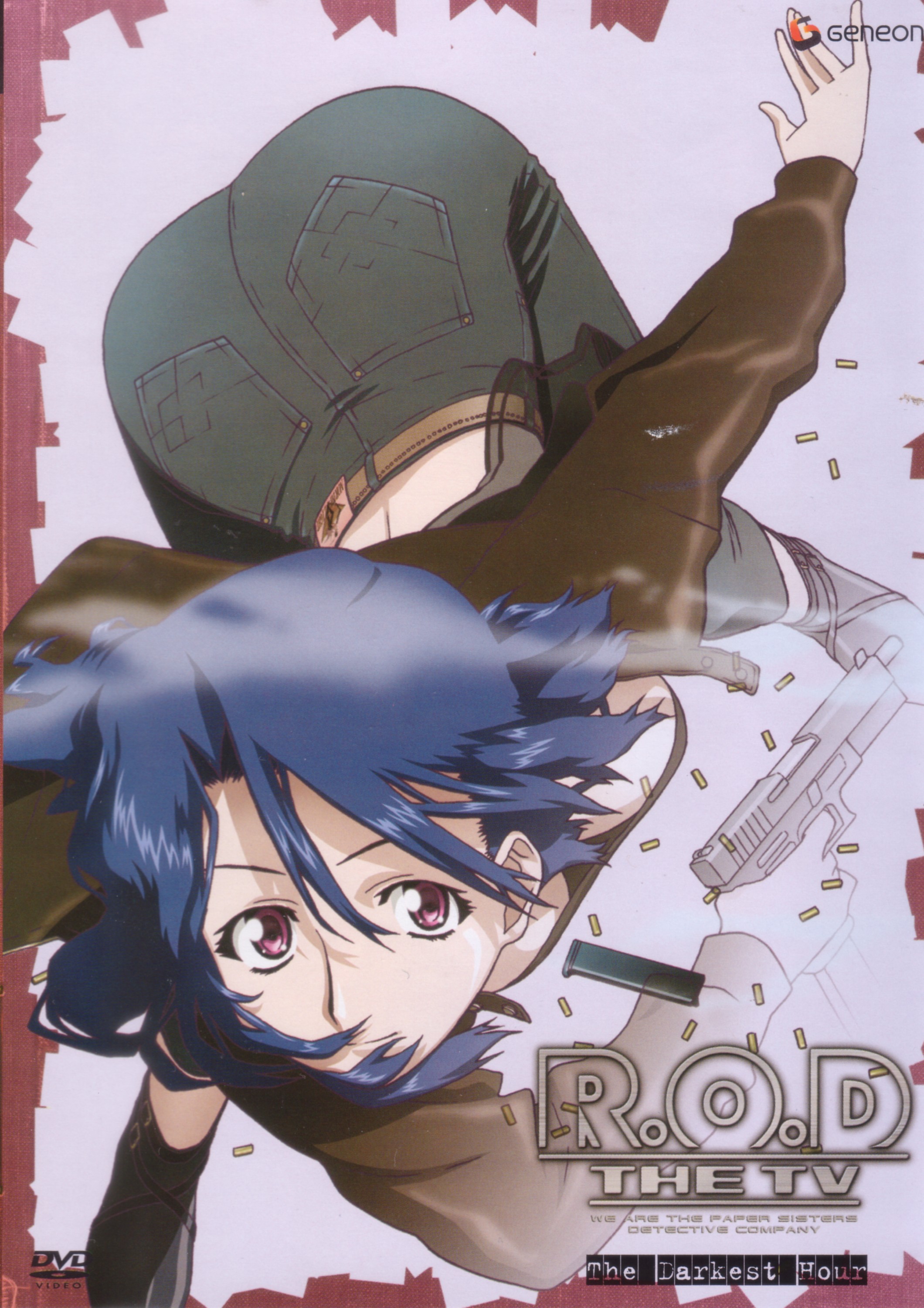 ishihama masashi, nancy makuhari, r.o.d the tv, read or die, absurdres, highres, official art, scan, 00s, 1girl, ass, back, belt, bent over, blue hair, boots, breasts, cleavage, clip (weapon), copyright name, cover, denim, downblouse, dvd cover, female focus, glock, gun, handgun, jacket, jeans, large breasts, magazine (weapon), no bra, open clothes, open jacket, pants, pink eyes, pistol, purple eyes, semi-automatic pistol, shell casing, short hair, smile, solo, weapon