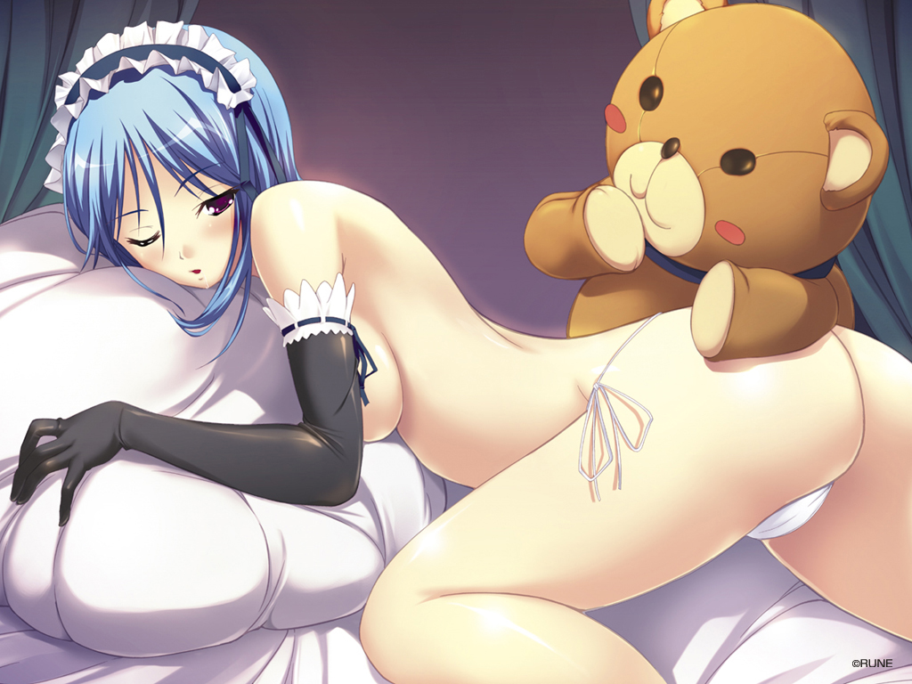 akamaru, suzushige marine, konya no okazu wa renji de marine, rune, 1girl, :3, ass, back, bed, blue hair, blush, breasts, cameltoe, collar, curtains, cushion, elbow gloves, female focus, gloves, hair ornament, hairband, highleg, highleg panties, leg up, looking back, lying, no bra, on stomach, one eye closed, open mouth, panties, pillow, purple eyes, red eyes, side-tie panties, solo, stuffed animal, stuffed toy, teddy bear, thong, topless female, underwear, white panties, wink