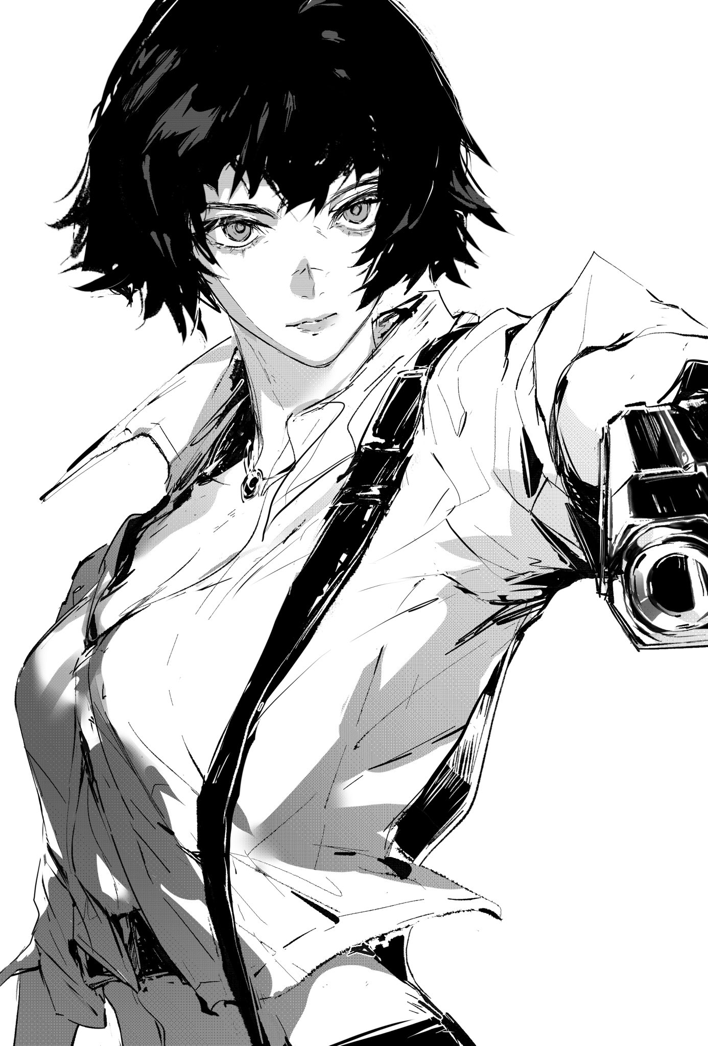 rihuajiong, lady (devil may cry), devil may cry, devil may cry (series), devil may cry 3, highres, 1girl, aiming, black hair, greyscale, gun, handgun, holding, holding gun, holding weapon, jewelry, midriff, monochrome, necklace, shirt, short hair, simple background, weapon, white background