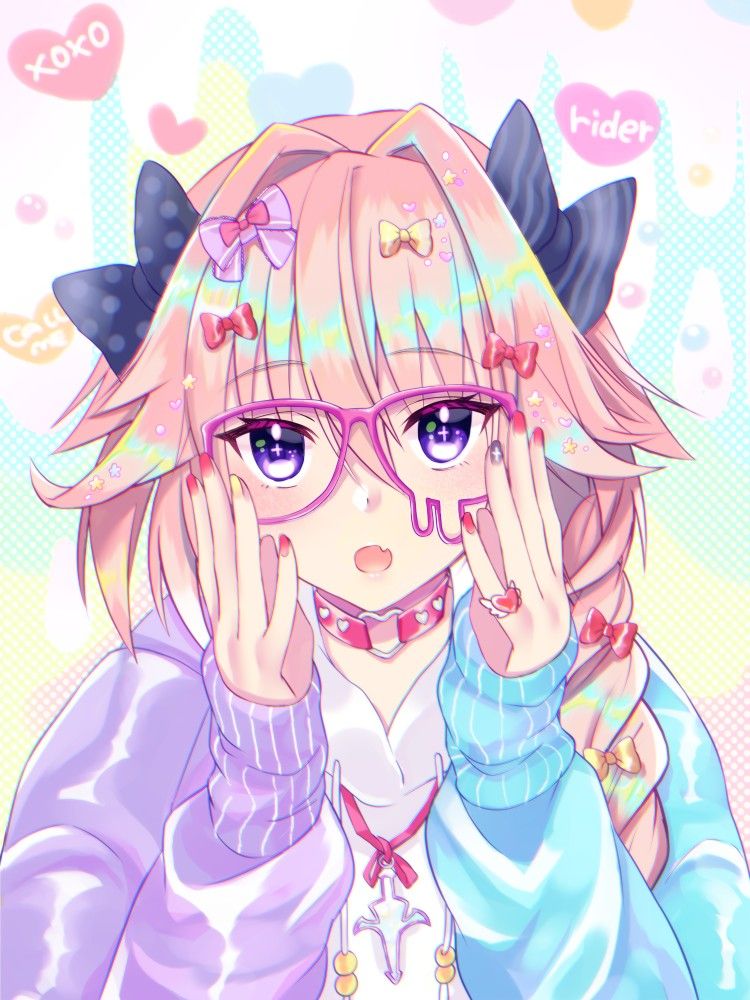 nekomiya noru (yuduki710), astolfo (fate), fate/apocrypha, fate (series), heart ring, 1boy, adjusting eyewear, androgynous, black bow, bow, eyelashes, hair bow, lensless glasses, long hair, male focus, multiple hair bows, open mouth, pink-framed eyewear, pink hair, purple eyes, red nails, solo, sweater, trap, upper body, xoxo, yume kawaii