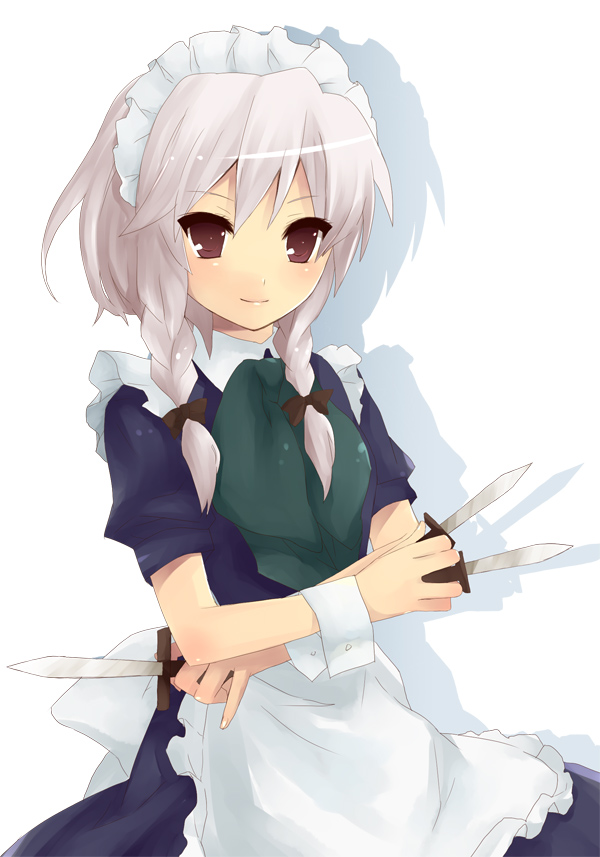 hijiki (hijikini), hijikini, izayoi sakuya, touhou, silver hair, bad id, bad pixiv id, 1girl, between fingers, braid, female focus, holding, knife, maid, ribbon, short hair, solo, throwing knife, twin braids, weapon