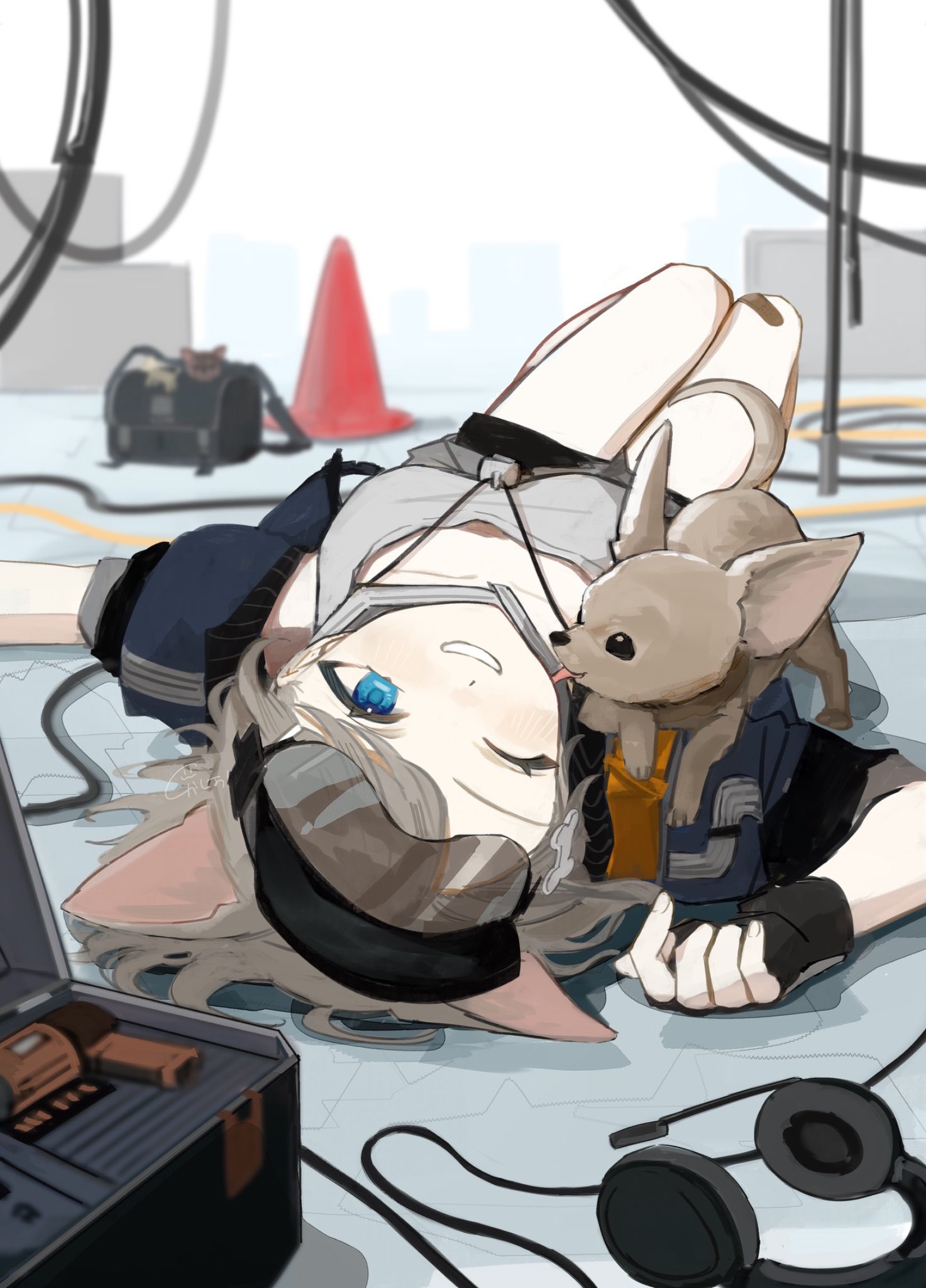 k-yosinori, almond (arknights), arknights, commentary, highres, 1girl, animal ears, bag, black gloves, blue eyes, blue jacket, bone hair ornament, breasts, brown hair, dog, dog ears, drill, feet out of frame, fingerless gloves, gloves, grey shirt, grin, hair ornament, headphones, jacket, knees up, looking at another, lying, medium breasts, on back, one eye closed, shirt, smile, solo, tongue, tongue out, traffic cone, upside-down, visor cap, wire