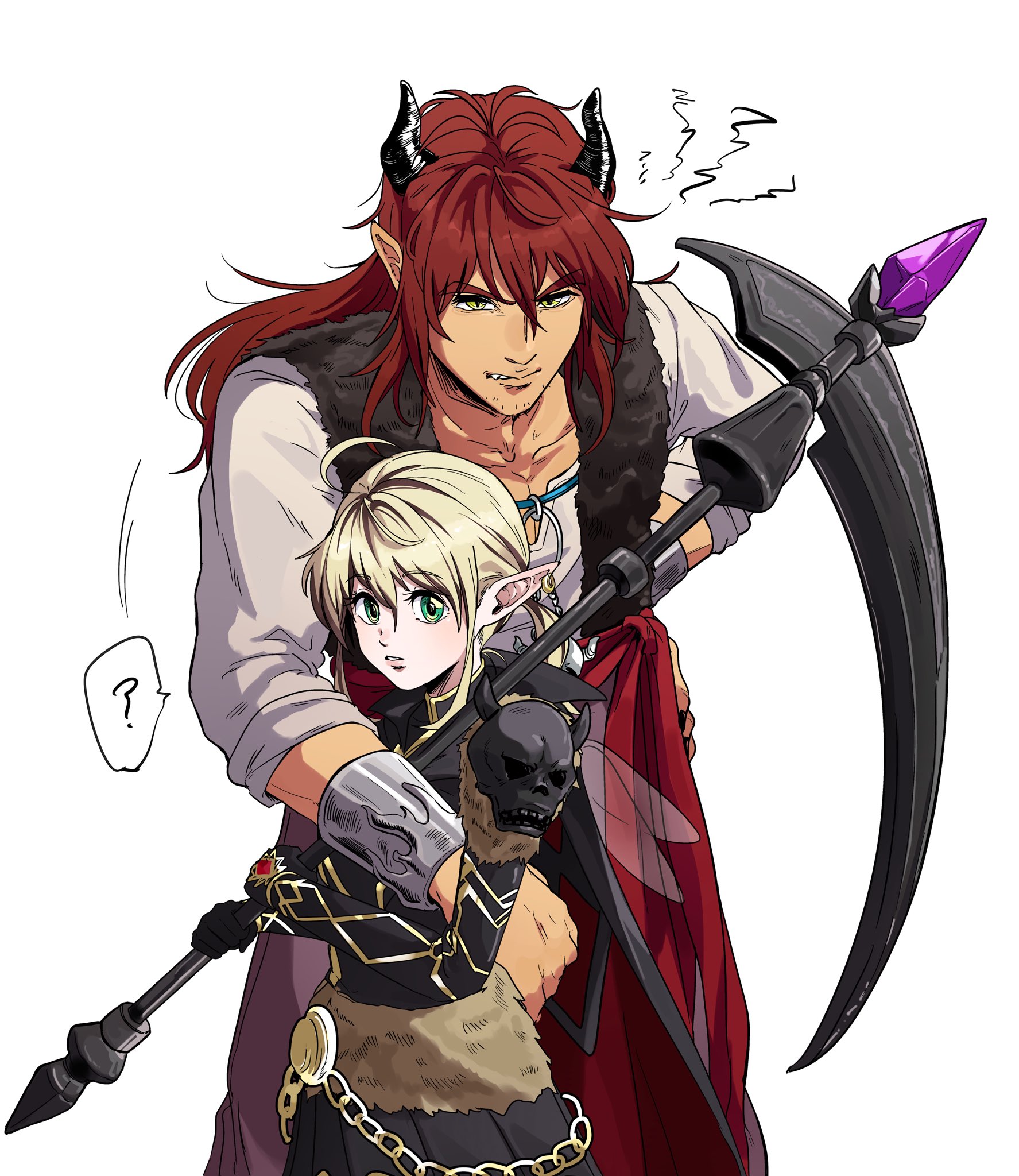 elf (dq10), yushuka (dragon quest), dragon quest, dragon quest x, commentary request, highres, 1boy, 1girl, ?, ahoge, annoyed, arm around shoulder, armor, black armor, black cape, black horns, black nails, blonde hair, bracer, brown streaks, cape, clueless, colored skin, couple, cowboy shot, dark-skinned male, dark skin, demon boy, earrings, facial hair, fairy wings, fang, fur vest, gold earrings, green eyes, hand on own hip, height difference, hetero, holding, holding scythe, holding weapon, hoop earrings, horns, jewelry, long hair, looking at viewer, motion lines, nanamono 0414, oc x canon, parted lips, pink skin, pointy ears, red cape, red hair, red sash, sash, scythe, shirt, skull, speech bubble, squiggle, stubble, two-sided cape, two-sided fabric, weapon, white background, white shirt, wings, yellow eyes