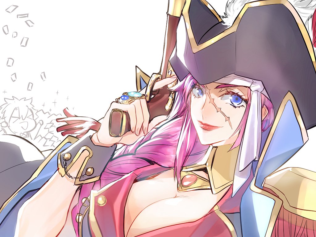 xrjingx, francis drake (fate), francis drake (third ascension) (fate), fujimaru ritsuka (male), fate/grand order, fate (series), 1boy, 1girl, blue eyes, breasts, cleavage, closed mouth, eyelashes, hat, hat feather, jewelry, large breasts, long hair, looking at viewer, multiple rings, pink hair, pirate, pirate hat, ring, scar, scar on face, smile, solo focus, upper body, white background, wrist cuffs