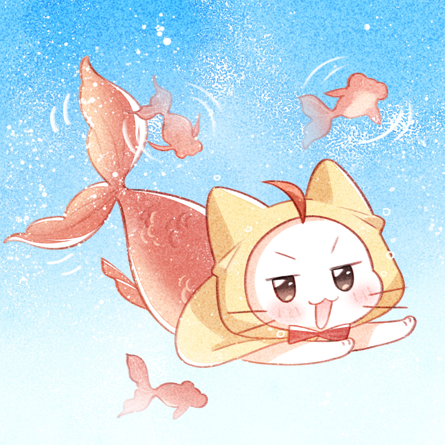 momo (nikki), nikki (series), shining nikki, artist request, highres, official art, second-party source, ahoge, animal, animal focus, bow, bowtie, brown eyes, bubble, cloak, ear covers, fins, fish, fish tail, goldfish, happy, hood, hood up, hooded cloak, light blush, light particles, looking at viewer, no humans, open mouth, orange tail, red bow, red bowtie, smile, solo, swimming, tail, traditional bowtie, underwater, v-shaped eyebrows, whiskers, yellow cloak