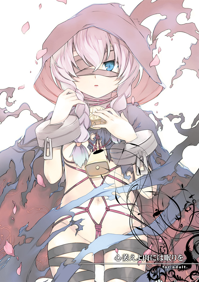 aburidashi zakuro, curse maker, curse maker 2, atlus, etrian odyssey, 1girl, bandages, bdsm, bondage, bound, chain, cover, cover page, female focus, loli, nude, shibari, shibari under clothes, simple background, solo, white background