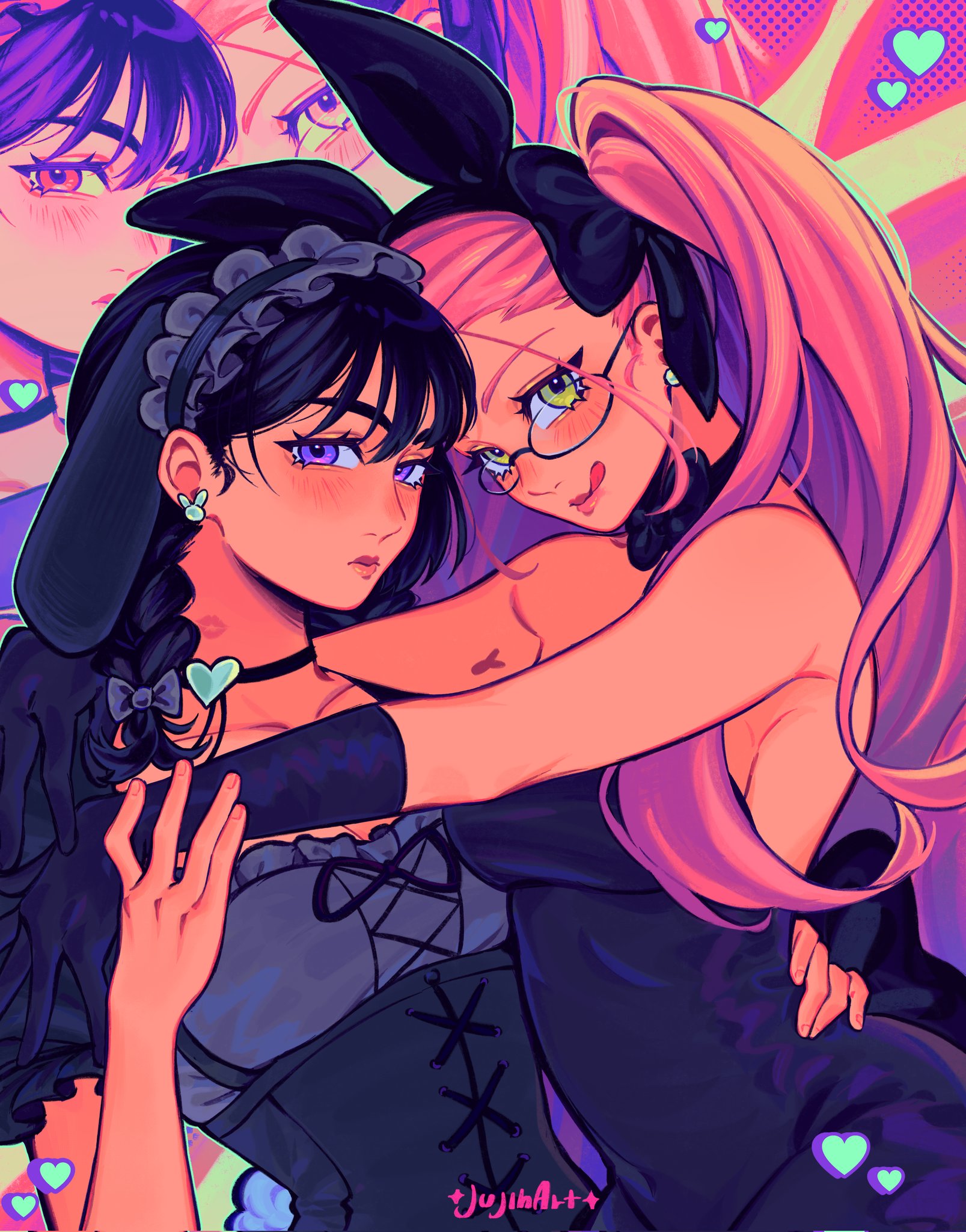 jujih, mizi (alien stage), sua (alien stage), alien stage, commentary, corrupted twitter file, english commentary, highres, 2girls, :q, animal ear hairband, animal ears, arm tattoo, black bow, black choker, black corset, black dress, black gloves, black hair, bow, braid, choker, corset, dress, earrings, fake animal ears, frilled hairband, frills, glasses, gloves, grey hairband, hair bow, hairband, hand on another's waist, heart, jewelry, long hair, looking at viewer, multiple girls, official alternate costume, pink hair, purple eyes, rabbit earrings, rabbit ears, rabbit tattoo, signature, tattoo, tongue, tongue out, two side up, yellow eyes, zoom layer