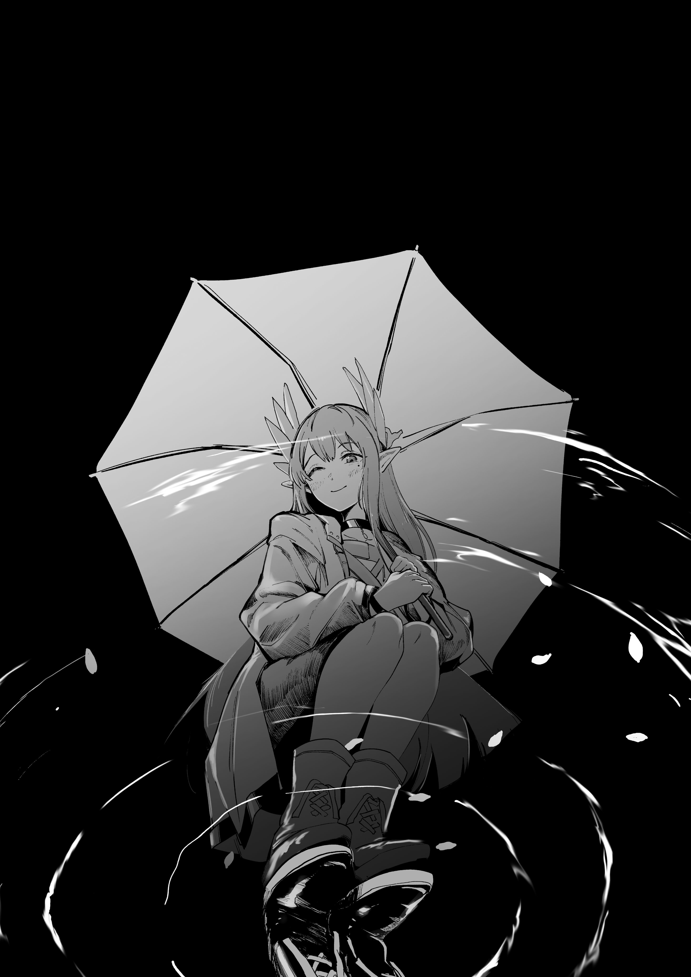 utsuke, muelsyse (arknights), arknights, absurdres, highres, 1girl, ;), blush, boots, choker, closed mouth, elf, greyscale, hair between eyes, holding, holding umbrella, lab coat, laurels, long hair, long sidelocks, long sleeves, looking at reflection, mole, mole under eye, monochrome, one eye closed, pencil skirt, pointy ears, reflection, reflection focus, reflective water, ripples, sidelocks, skirt, smile, solo, squatting, umbrella