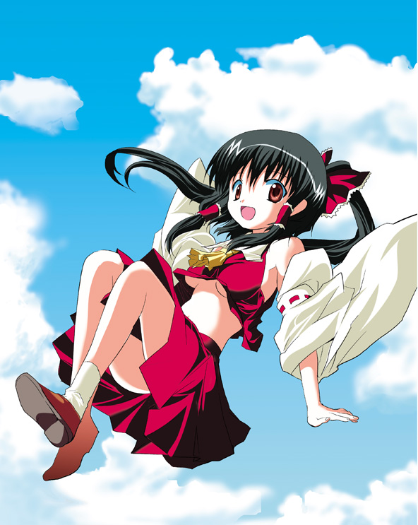 elain, hakurei reimu, touhou, 1girl, breasts, female focus, full body, japanese clothes, miko, outdoors, ribbon, skirt, sky, socks, solo