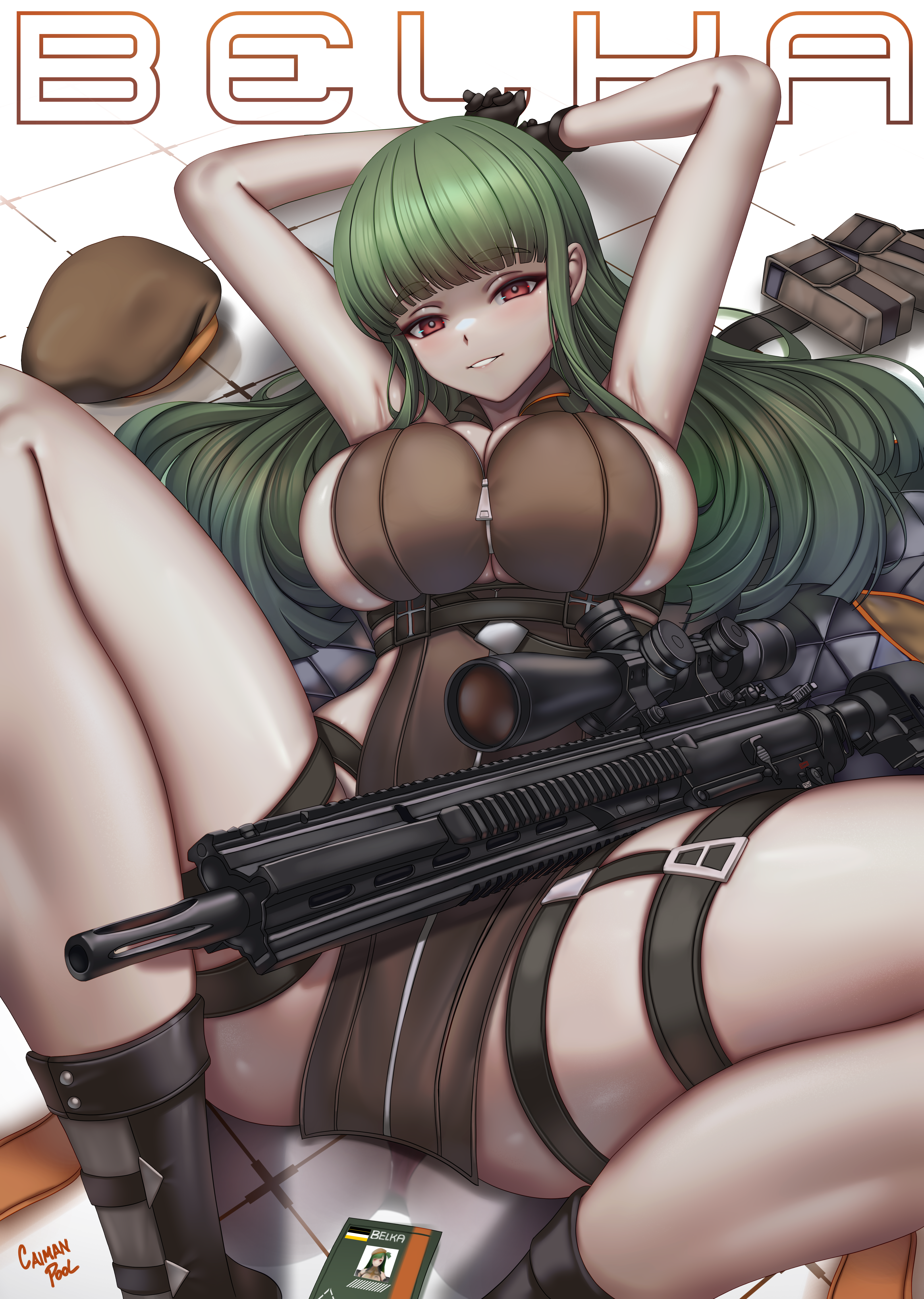 caiman pool, belka (girls' frontline 2), g28 (girls' frontline), ace combat, girls' frontline, girls' frontline 2: exilium, absurdres, commentary, english commentary, highres, 1girl, armpits, arms behind back, arms up, artist name, bare arms, battle rifle, belkan flag, belt, beret, between legs, between thighs, black belt, black boots, black eyeliner, black gloves, black shoes, boots, breasts, brown hat, character name, chest belt, cleavage, dot nose, eyeliner, gloves, green hair, gun, h&k g28, hat, head tilt, id card, large breasts, long hair, looking at viewer, lying, makeup, on back, parted lips, pointy chin, pouch, red eyes, rifle, scope, seductive smile, shoes, sideboob, smile, solo, spread legs, thigh belt, thigh strap, thighs, tile floor, tiles, underboob, unworn belt, unworn hat, unworn headwear, weapon, weapon between legs, white mouth, wing collar, zipper, zipper pull tab