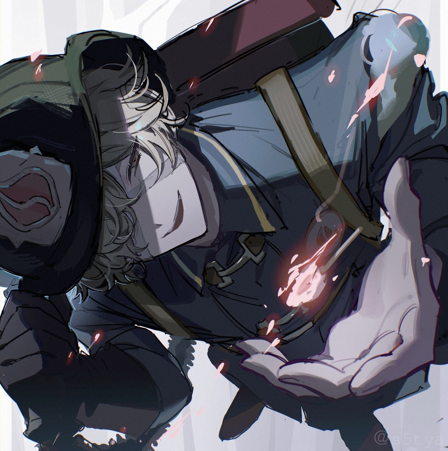 florian brand, identity v, highres, 1boy, bandage on face, bandages, bandages over eyes, blonde hair, fire, firefighter, firefighter helmet, gloves, grin, hair over eyes, hat tip, male focus, ominous shadow, perspective, smile, watermark, wavy hair, x-winter-x, yellow eyes