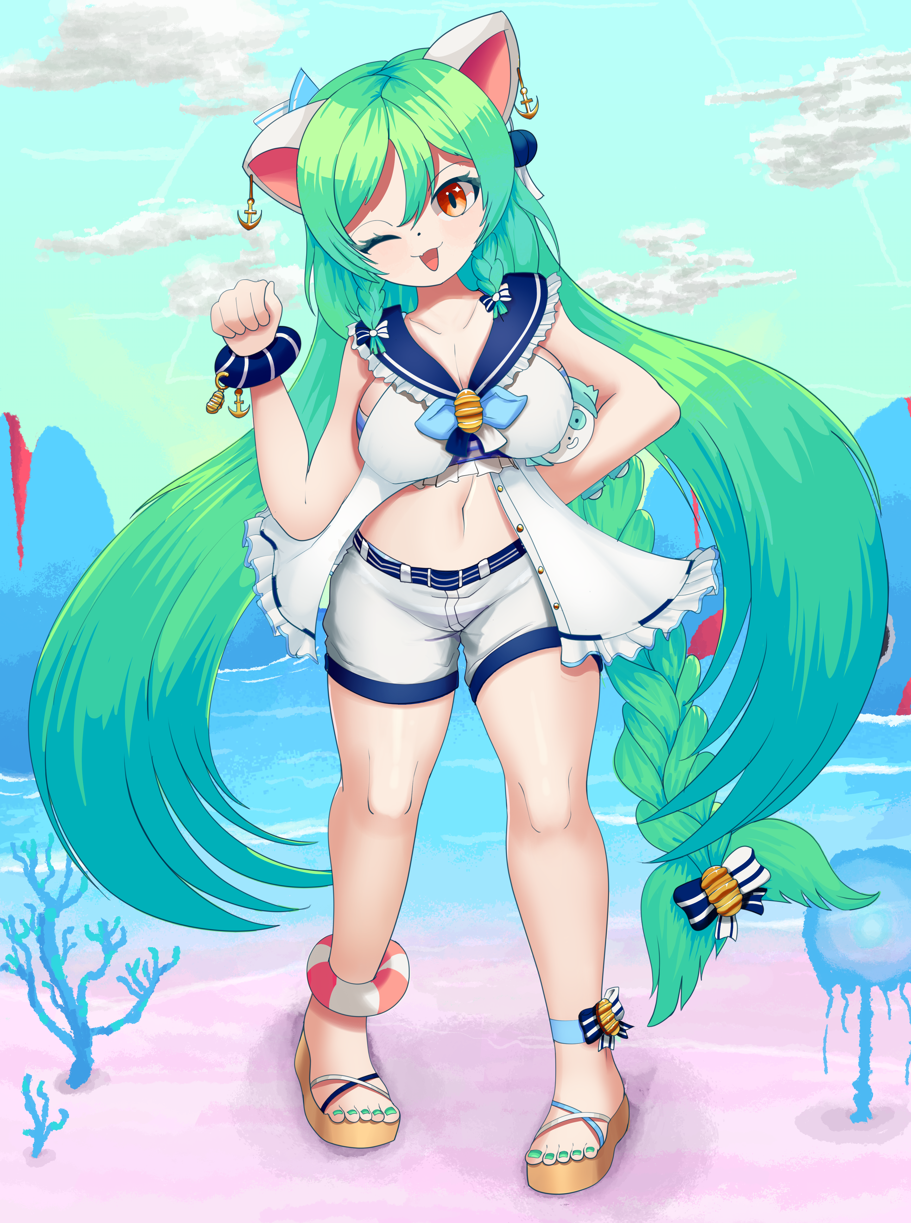 elecmaw, basil (headspace) (omori), basil (omori), omocat (character), omori, absurdres, highres, anchor, animal ears, breasts, cat ears, full body, grey hair, rottenmelons, smile, w, water, yellow eyes