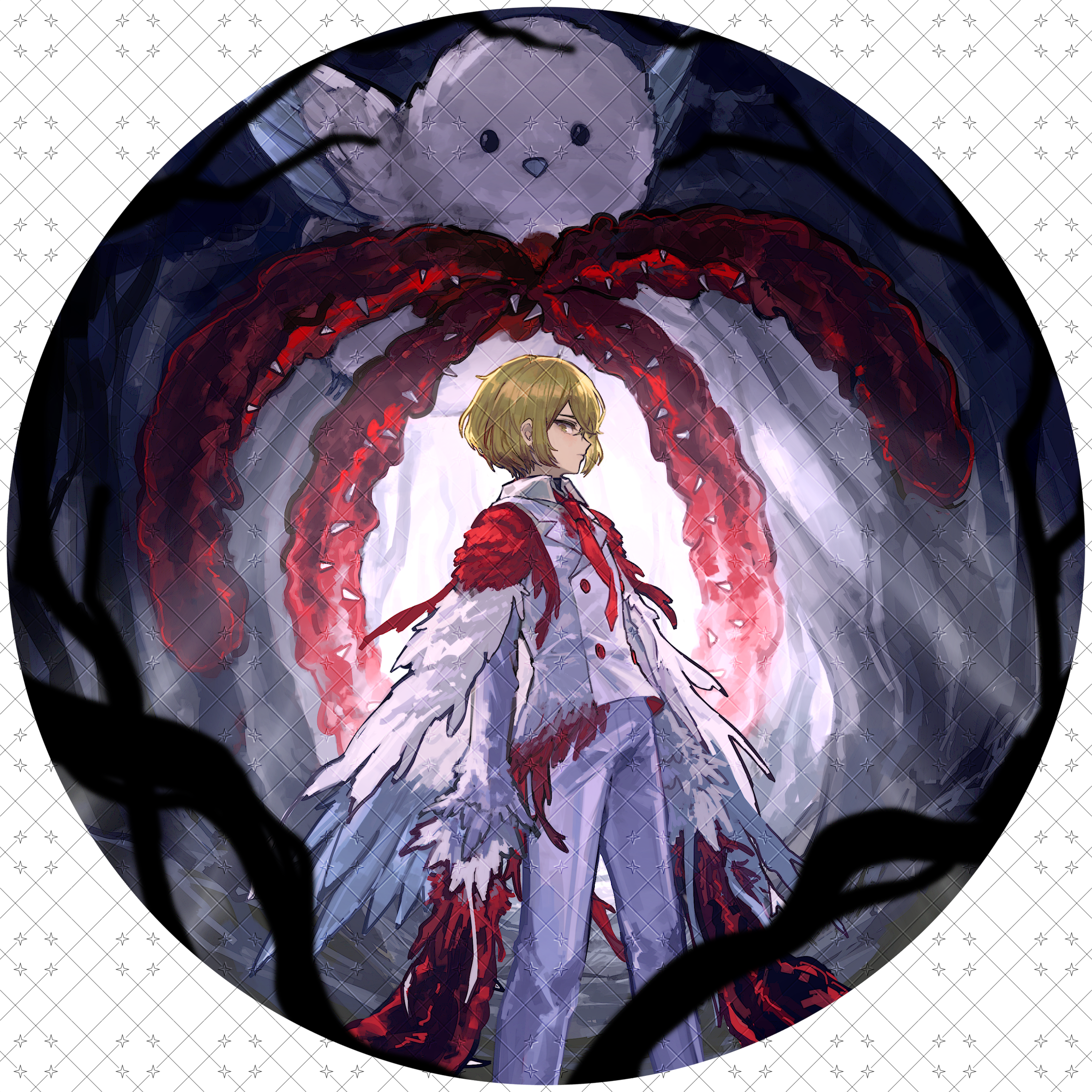 punishing bird, sinclair (project moon), limbus company, project moon, absurdres, chinese commentary, highres, 1boy, backlighting, bird, blonde hair, body horror, e.g.o (project moon), feathered wings, forest, formal clothes, from side, looking at viewer, male focus, nature, necktie, pants, plant, red necktie, sharp teeth, shirt, short hair, standing, suit, teeth, vines, watermark, watermark grid, white bird, white pants, white shirt, white suit, wings, yellow eyes, zhishi tui tuhao