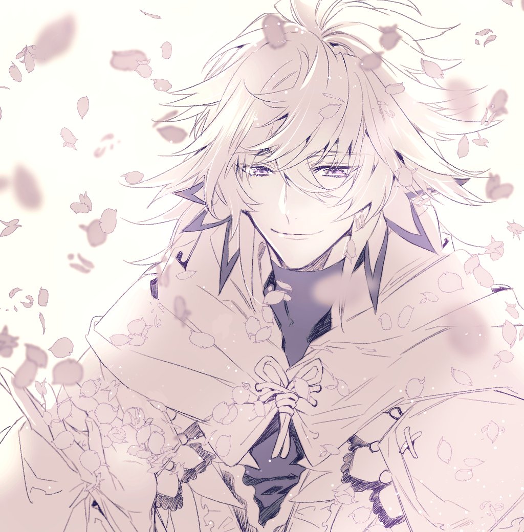 xrjingx, merlin (fate), fate/grand order, fate (series), 1boy, antennae, closed mouth, falling petals, male focus, medium hair, monochrome, petals, robe, smile, solo, spiked hair, white hair