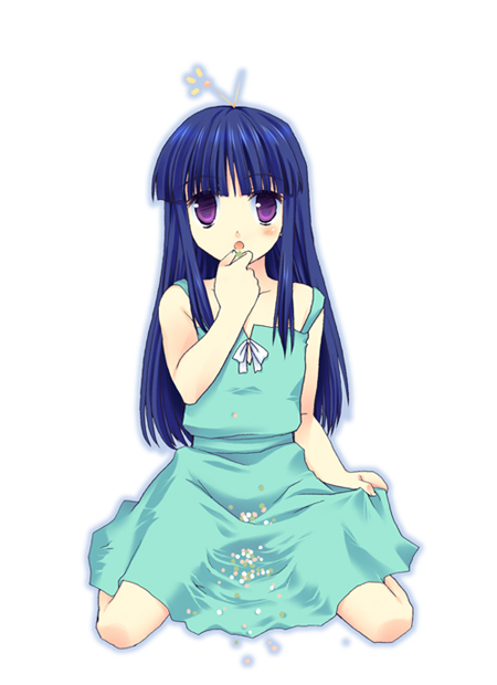 furude rika, higurashi no naku koro ni, 00s, 1girl, bare shoulders, blue hair, blunt bangs, dress, eating, female focus, green dress, long hair, looking at viewer, off shoulder, purple eyes, simple background, sleeveless, sleeveless dress, solo, strap slip, sundress, very long hair, white background