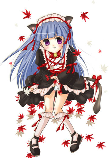 furude rika, higurashi no naku koro ni, 00s, animal ears, bell, blue hair, cat ears, cat tail, gothic lolita, hair ribbon, jingle bell, lolita fashion, long hair, maid, maid headdress, panties, pantyshot, purple eyes, ribbon, solo, tail, tail ornament, tail ribbon, underwear, upskirt, white panties