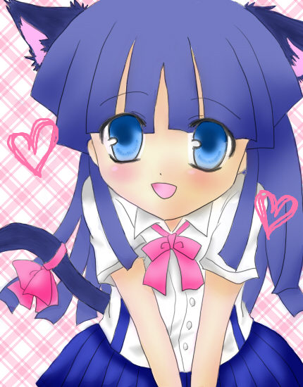 furude rika, higurashi no naku koro ni, 00s, 1girl, :d, bent over, blue eyes, blue hair, blue skirt, bow, collared shirt, female focus, heart, looking at viewer, matching hair/eyes, open mouth, pink bow, shirt, short sleeves, skirt, smile, solo, suspender skirt, suspenders, tareme