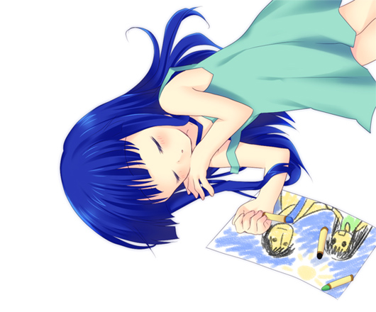 akasaka mamoru, furude rika, higurashi no naku koro ni, drawing, 00s, 1girl, bare shoulders, blue hair, blunt bangs, crayon, dress, female focus, green dress, green skirt, simple background, skirt, sleeping, sleeveless, sleeveless dress, solo, sundress, white background