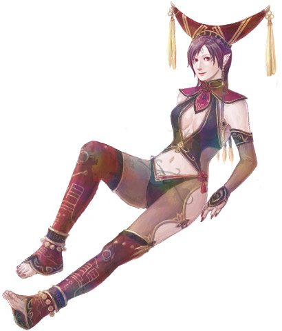 lb, da ji, musou orochi, lowres, 1girl, bare shoulders, barefoot, breasts, bridal gauntlets, cleavage, elf, female focus, fingerless gloves, gloves, medium breasts, midriff, navel, pointy ears, sitting, solo, stomach, tassel, toeless legwear, toes