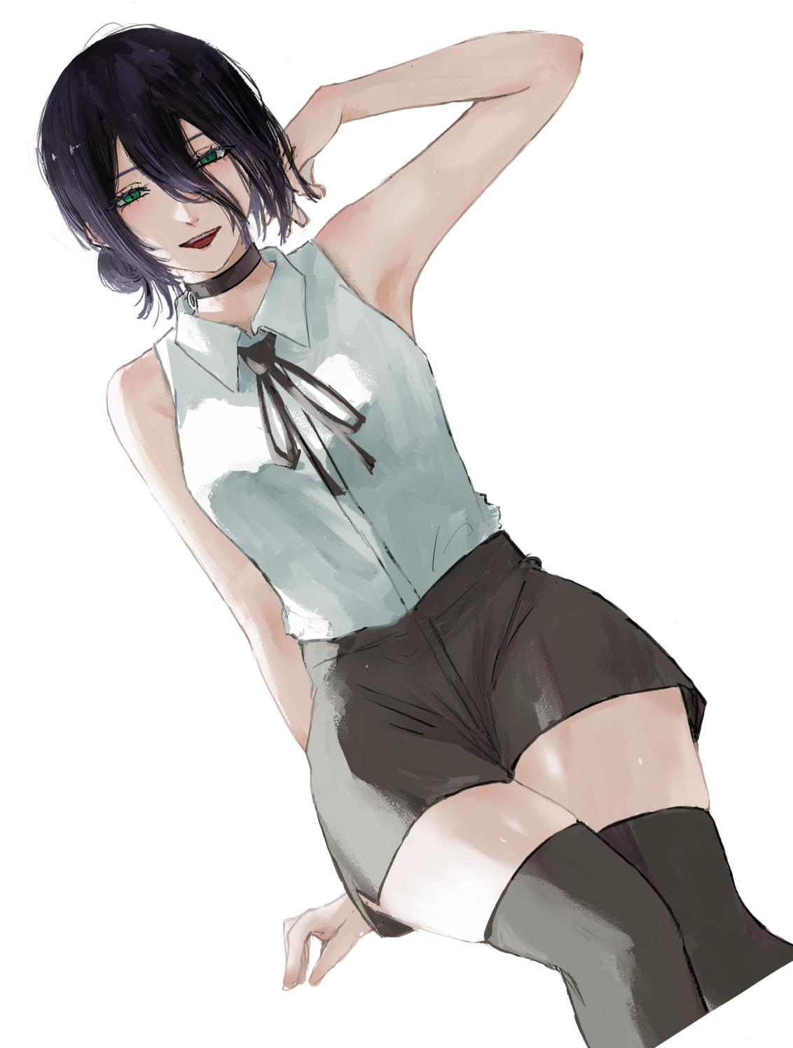 ushi yo, reze (chainsaw man), chainsaw man, highres, 1girl, arm support, arm up, black choker, black hair, black ribbon, black shorts, black thighhighs, choker, collared shirt, green eyes, hair between eyes, hair bun, neck ribbon, open mouth, ribbon, shirt, short shorts, shorts, simple background, sleeveless, sleeveless shirt, solo, thighhighs, white background, white shirt