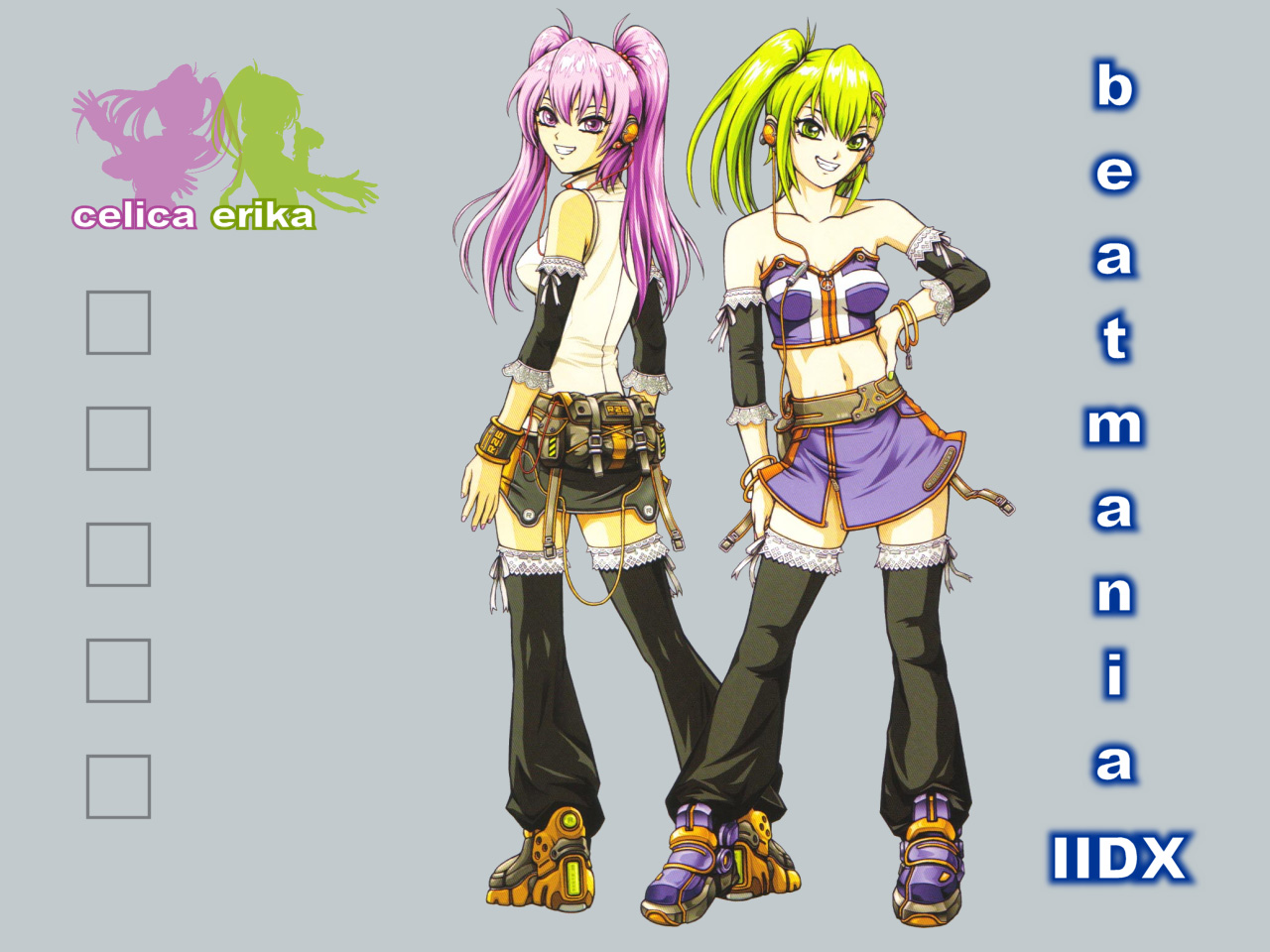 goli matsumoto, kitami erika, mizushiro celica, beatmania iidx, bemani, bare shoulders, bracelet, green eyes, green hair, jewelry, midriff, purple eyes, purple hair, twintails