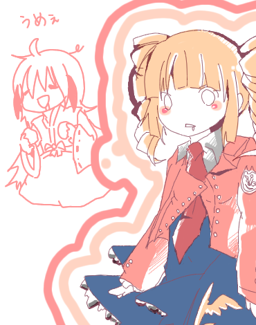 beelzebub (umineko), hanyuu, stakes of purgatory, higurashi no naku koro ni, umineko no naku koro ni, lowres, 00s, blonde hair, blush, crossover, curly hair, drill hair, horns, japanese clothes, miko, necktie