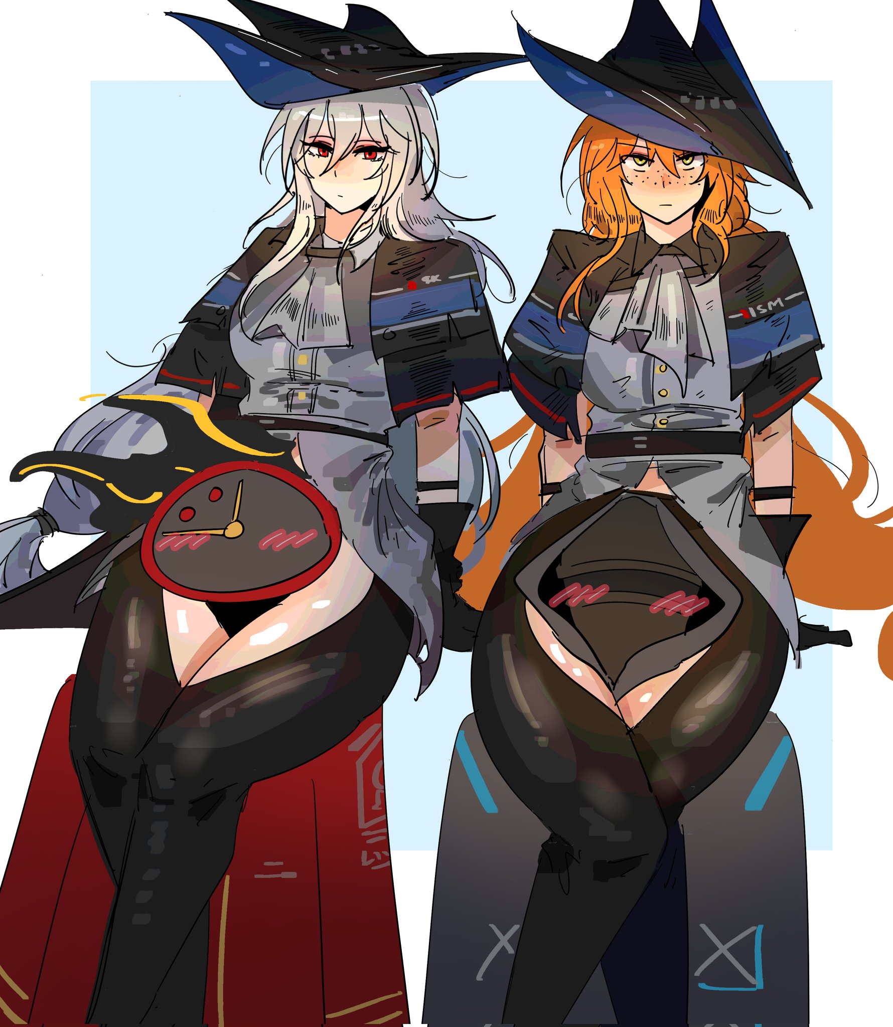 arczaeon, dante (limbus company), doctor (arknights), ishmael (project moon), skadi (arknights), arknights, limbus company, project moon, highres, 2girls, 2others, blush, cosplay, e.g.o (project moon), freckles, multiple girls, multiple others, orange hair, red eyes, skadi (arknights) (cosplay), white hair
