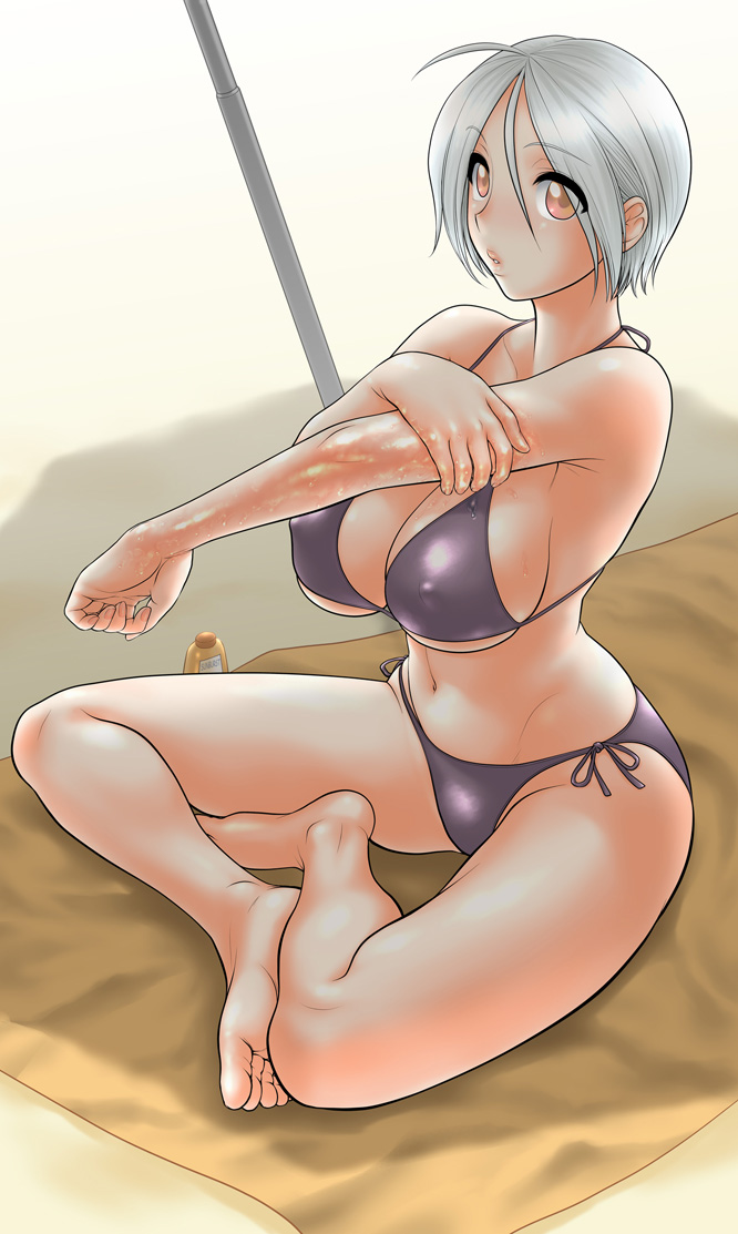st.germain-sal, angel (kof), snk, the king of fighters, oil, 1girl, ahoge, barefoot, beach, beach towel, bikini, breasts, brown eyes, cleavage, covered erect nipples, feet, female focus, grey bikini, large breasts, mexico, pink eyes, short hair, side-tie bikini bottom, sideboob, sitting, solo, swimsuit, towel, underboob, white hair