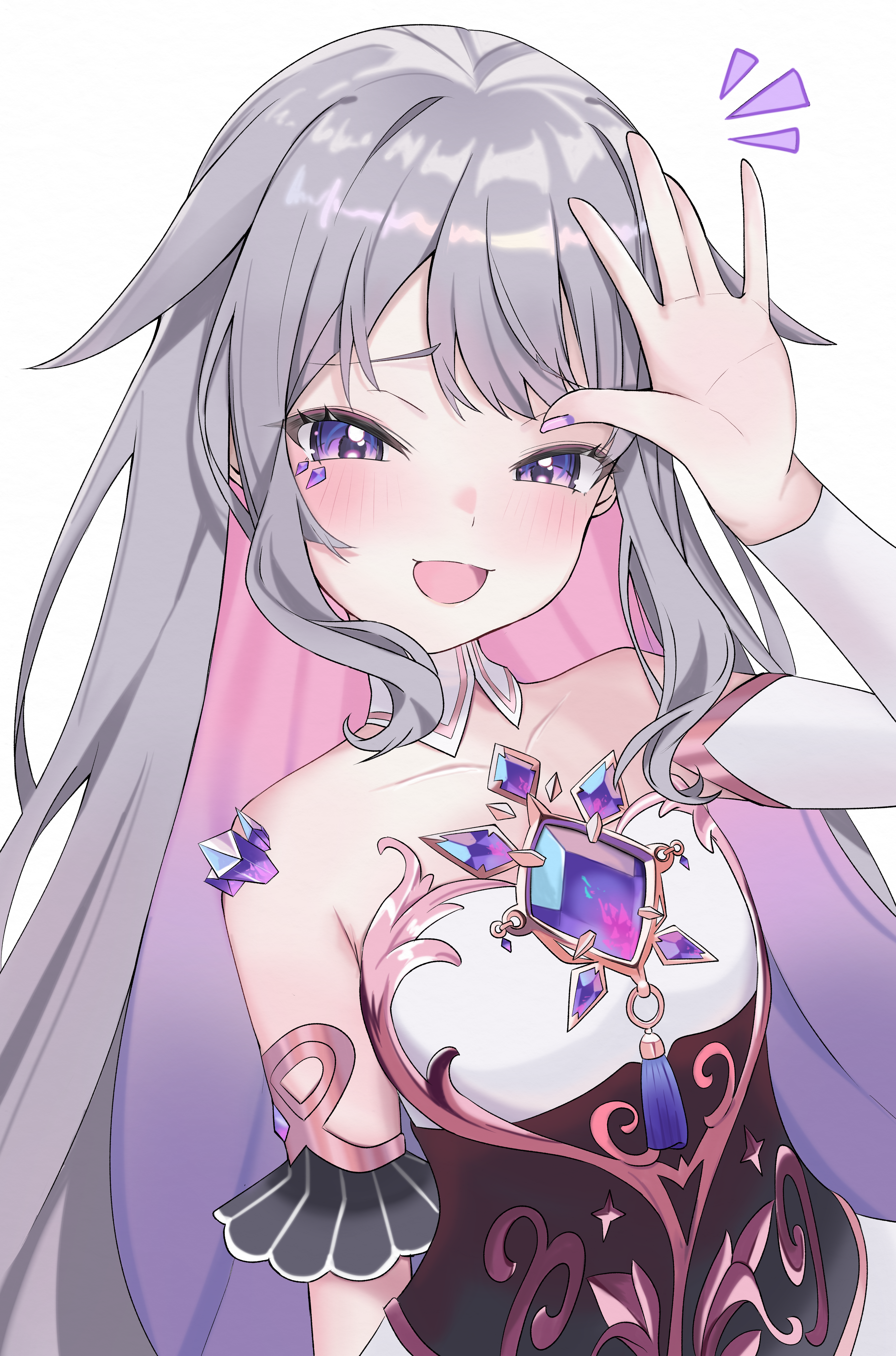 castellayaki, koseki bijou, koseki bijou (1st costume), hololive, hololive english, absurdres, highres, 1girl, black corset, chest jewel, colored inner hair, corset, detached sleeves, dress, gem, gradient hair, grey hair, hand up, jewel under eye, light blush, long hair, looking at viewer, material growth, multicolored hair, notice lines, open mouth, pink hair, purple eyes, purple gemstone, purple hair, simple background, single detached sleeve, solo, virtual youtuber, white background, white dress