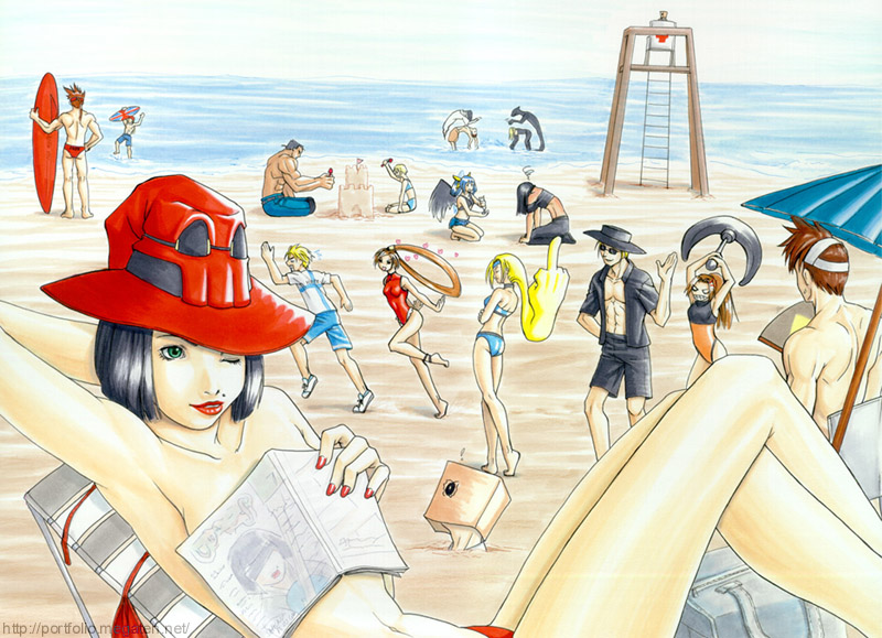 axl low, bridget (guilty gear), dizzy (guilty gear), eddie (guilty gear), faust (guilty gear), i-no, johnny (guilty gear), kuradoberi jam, ky kiske, may (guilty gear), millia rage, mito anji, potemkin (guilty gear), sol badguy, testament (guilty gear), zappa, zato-1, arc system works, guilty gear, guilty gear xx, !, 5girls, 6+boys, angry, bad anatomy, bag, beach, bikini, blonde hair, building sand sculpture, chasing, covering breasts, covering privates, everyone, hat, male swimwear, middle finger, mole, multiple boys, multiple girls, ocean, one-piece swimsuit, one eye closed, paper bag, poorly drawn, red hat, running, sand castle, sand sculpture, swim trunks, swimsuit, topless female, trap, wink