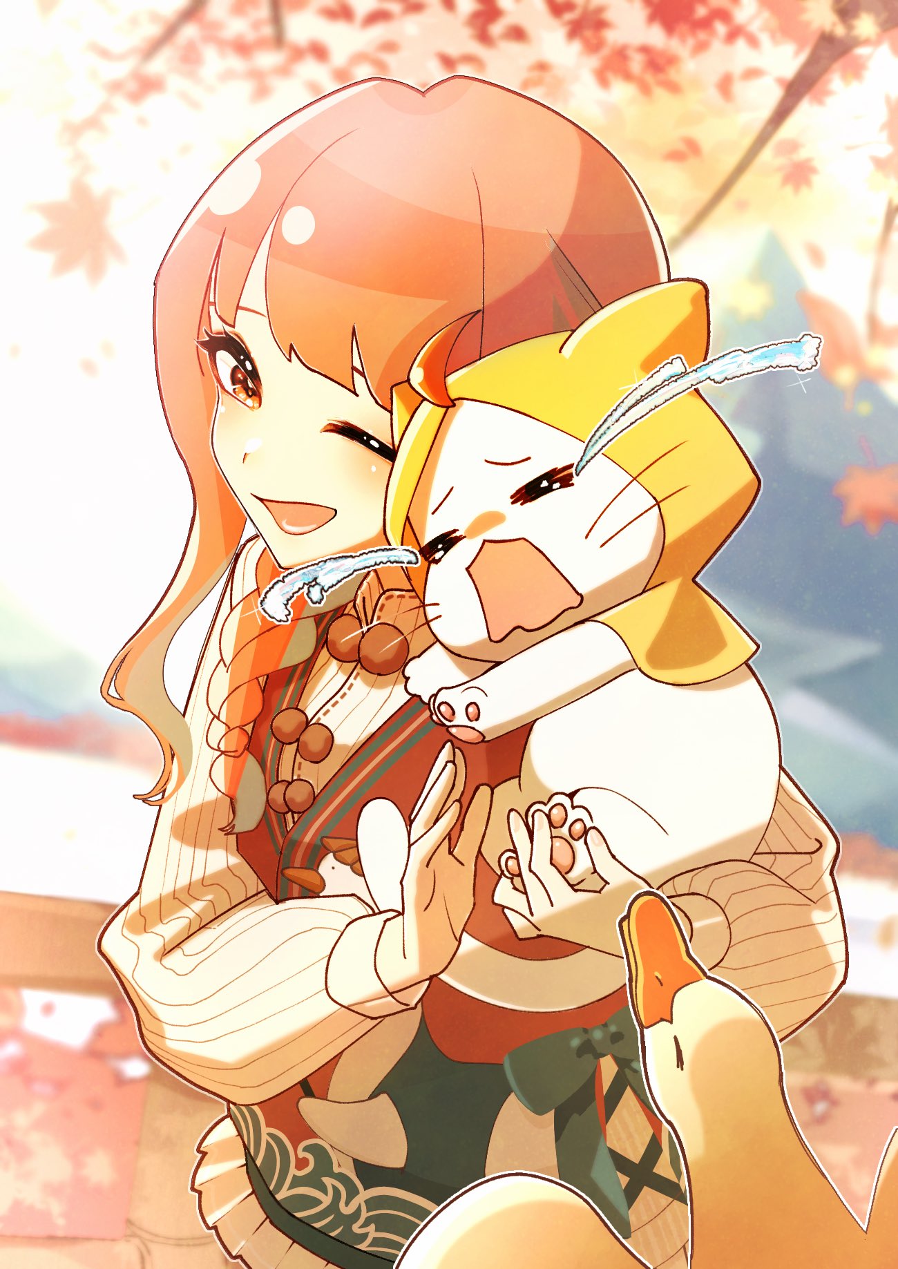 1 hcs, momo (nikki), nikki (nikki), nikki (series), shining nikki, highres, 1girl, = =, ahoge, animal, autumn, autumn leaves, bird, blue bow, blue sky, bow, braid, brown eyes, cat, cloak, clothed animal, cowboy shot, cross-laced clothes, cross-laced dress, crying, crying with eyes open, day, dress, duck, duck print, ear covers, eyelashes, frilled dress, frills, go go duck (shining nikki), hair half over shoulder, happy, holding, holding animal, holding cat, hood, hood up, hooded cloak, layered dress, leaf, long hair, long sleeves, looking at animal, low twin braids, mountain, one eye closed, open mouth, outdoors, outline, pawpads, pink hair, pom pom (clothes), print dress, puffy long sleeves, puffy sleeves, red dress, sad, short dress, sky, smile, solo, streaming tears, striped clothes, striped dress, sunlight, tears, tree, twin braids, vertical-striped clothes, vertical-striped dress, wavy hair, wavy mouth, whiskers, white dress, white outline, yellow cloak