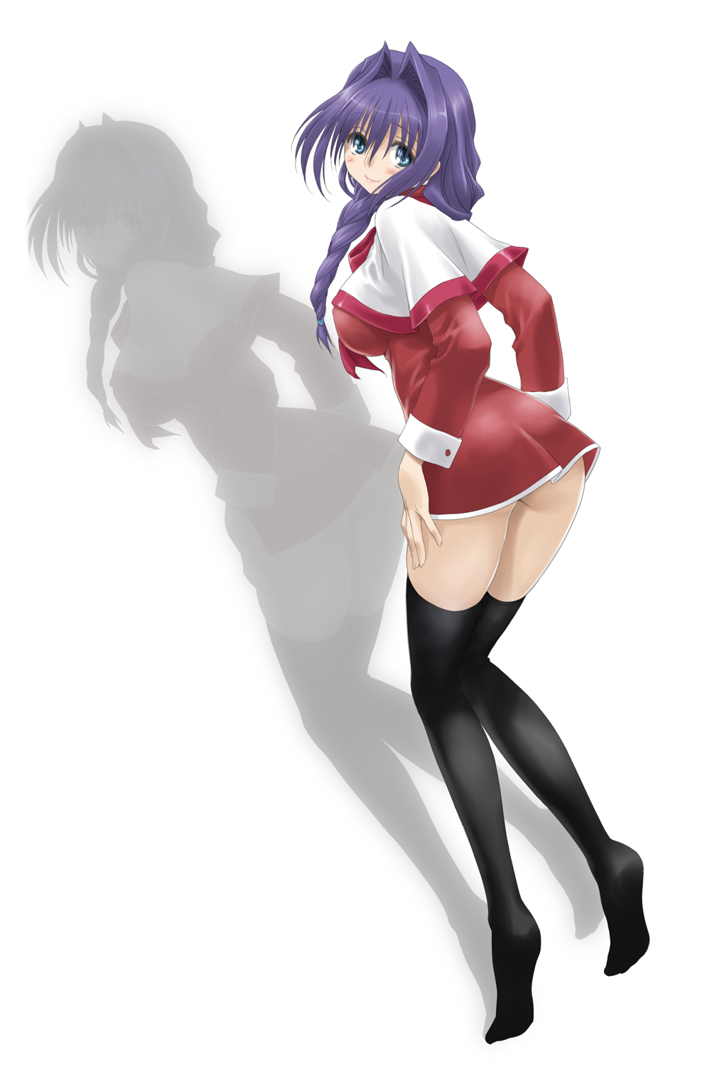 mitarashi kousei, minase akiko, kanon, highres, 1girl, ass, blue eyes, braid, female focus, hair intakes, legs, mature female, purple hair, red skirt, school uniform, serafuku, skirt, solo, thighhighs, zettai ryouiki