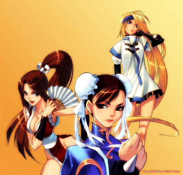 chun-li, millia rage, shiranui mai, arc system works, capcom, fatal fury, guilty gear, snk, street fighter, the king of fighters, 3girls, blonde hair, brown hair, bun cover, double bun, elbow gloves, gloves, headband, long hair, multiple girls, ninja, pelvic curtain, ponytail, very long hair