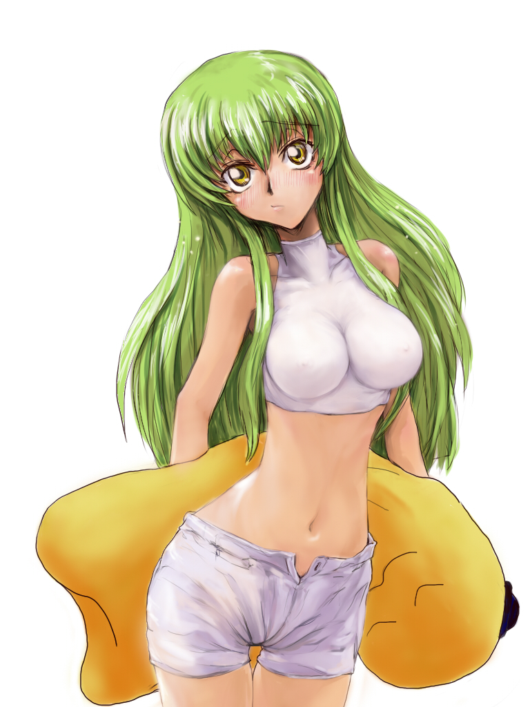 gaku (pixiv), gaku (wheel of lunokhod), c.c., cheese-kun, code geass, pizza hut, bad id, bad pixiv id, 00s, 1girl, bare shoulders, blush, breasts, covered erect nipples, female focus, green hair, large breasts, long hair, midriff, navel, open fly, shorts, sleeveless, sleeveless turtleneck, solo, tank top, turtleneck, unzipped, yellow eyes