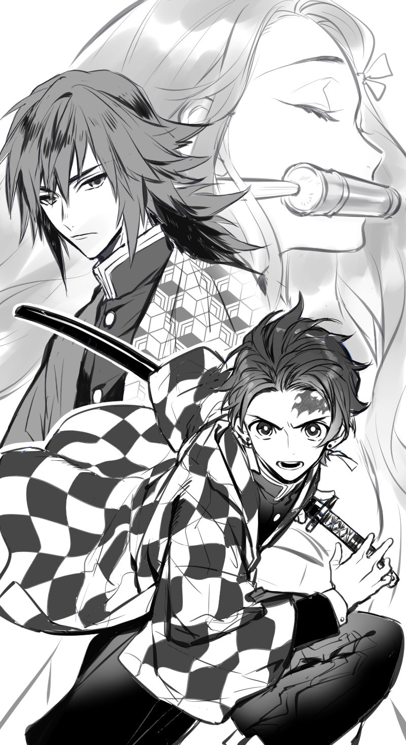 xrjingx, kamado nezuko, kamado tanjirou, tomioka giyuu, kimetsu no yaiba, highres, non-web source, 1girl, 2boys, checkered clothes, closed eyes, closed mouth, cowboy shot, determined, drawing (action), facial mark, greyscale, hair slicked back, holding, holding sword, holding weapon, katana, long hair, monochrome, multiple boys, open mouth, short hair, sword, upper body, weapon