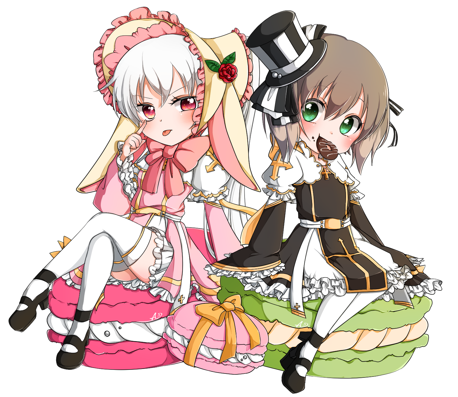asuta (kinakomoti300), arch bishop (ragnarok online), ragnarok online, commentary request, highres, 2girls, akanbe, animal ears, black dress, black hat, black shoes, blush, bonnet, bow, bowtie, breasts, brown hair, closed mouth, cross, crossed legs, donut, dress, eating, eyelid pull, fake animal ears, flat chest, food, frilled dress, frilled sleeves, frills, full body, green eyes, hat, long hair, looking at viewer, macaron, mary janes, multiple girls, official alternate costume, pink bow, pink bowtie, pink dress, puffy short sleeves, puffy sleeves, rabbit ears, red eyes, shoes, short hair, short sleeves, simple background, sitting, sleeves past fingers, sleeves past wrists, small breasts, smile, thighhighs, tongue, tongue out, top hat, transparent background, twintails, two-tone dress, white dress, white hair, white thighhighs, yellow bonnet, yellow bow