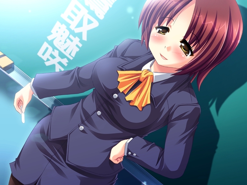 aogiri penta, takatori misaki, osananajimi wa bed yakuza!, game cg, 1girl, blush, board eraser, brown eyes, brown hair, business suit, chalkboard, dutch angle, female focus, formal clothes, looking down, miniskirt, pantyhose, pencil skirt, skirt, skirt suit, solo, suit, tareme, teacher