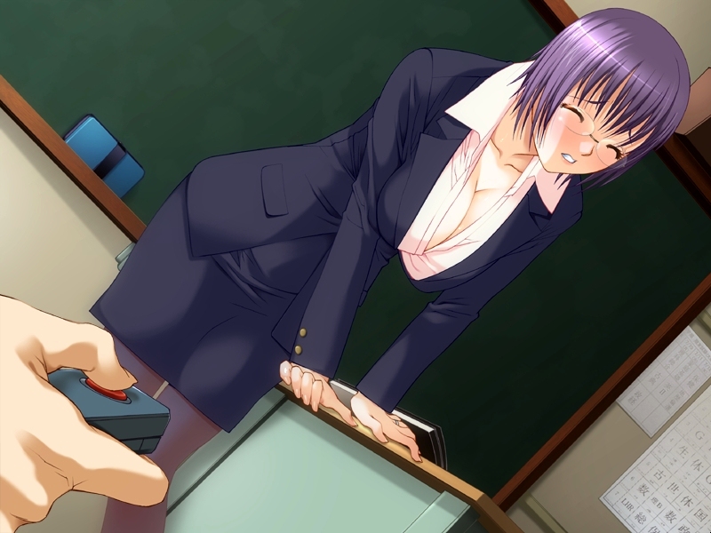 shinobu tan'ei, himemitsu ~himetaru wa tsuki no mitsu~, game cg, source request, 1girl, bent over, blush, board eraser, breasts, chalkboard, classroom, cleavage, closed eyes, discreet vibrator, dutch angle, glasses, large breasts, pantyhose, public indecency, public vibrator, purple hair, remote control, remote control vibrator, school, sex toy, solo focus, teacher, vibrator, wireless sex toy controller