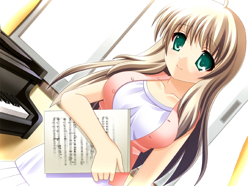 inuzumi masaki, misaki haruna, step x steady, game cg, 1girl, bass clef, beamed quavers, blonde hair, breasts, dress, female focus, grand piano, green eyes, instrument, large breasts, long hair, music, musical note, piano, quaver, sheet music, smile, solo, treble clef