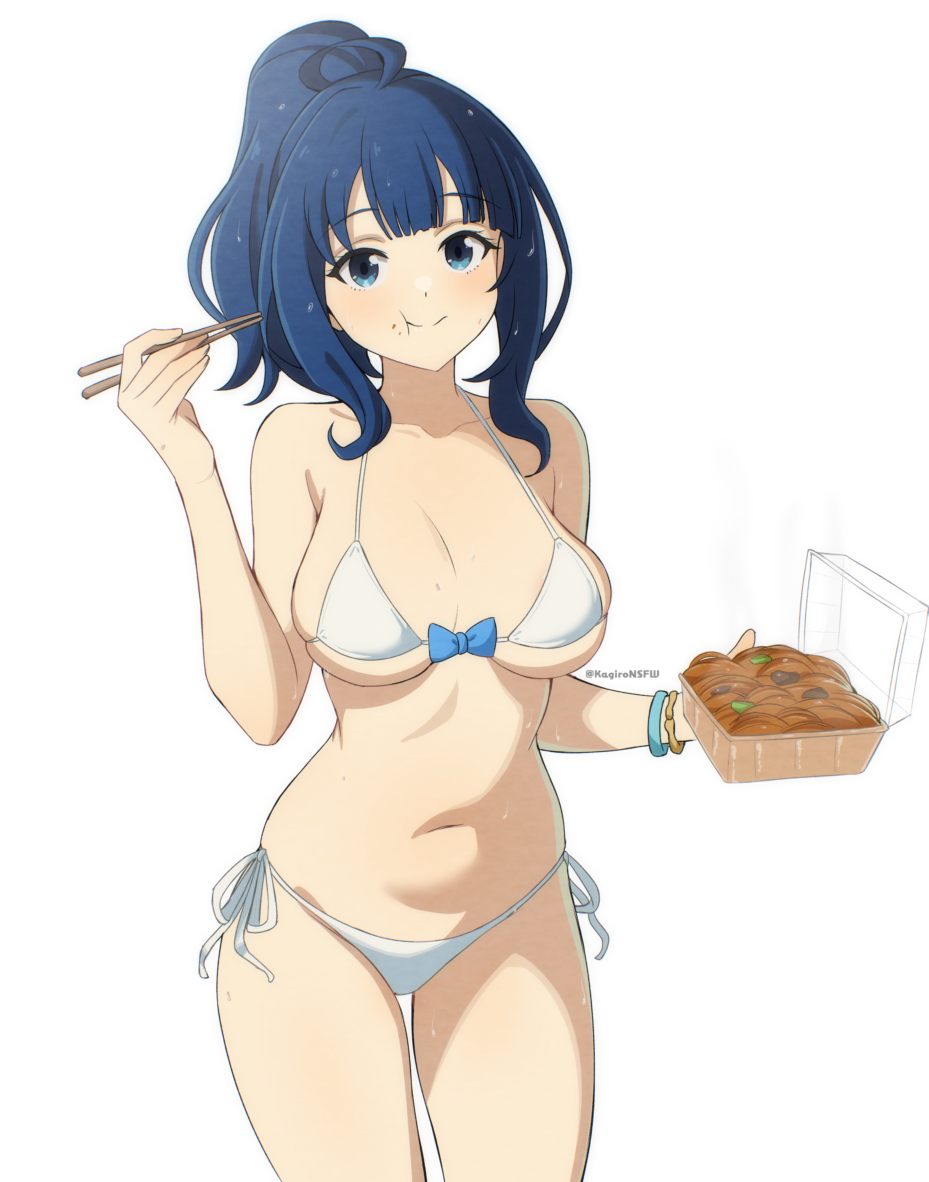 kagironsfw, yanami anna, make heroine ga oo sugiru!, absurdres, highres, 1girl, :t, bikini, blue eyes, blue hair, breasts, chopsticks, cleavage, cowboy shot, eating, food, halterneck, high ponytail, holding, holding chopsticks, holding food, large breasts, long hair, looking at viewer, navel, ponytail, simple background, solo, string bikini, swimsuit, white background, white bikini, yakisoba