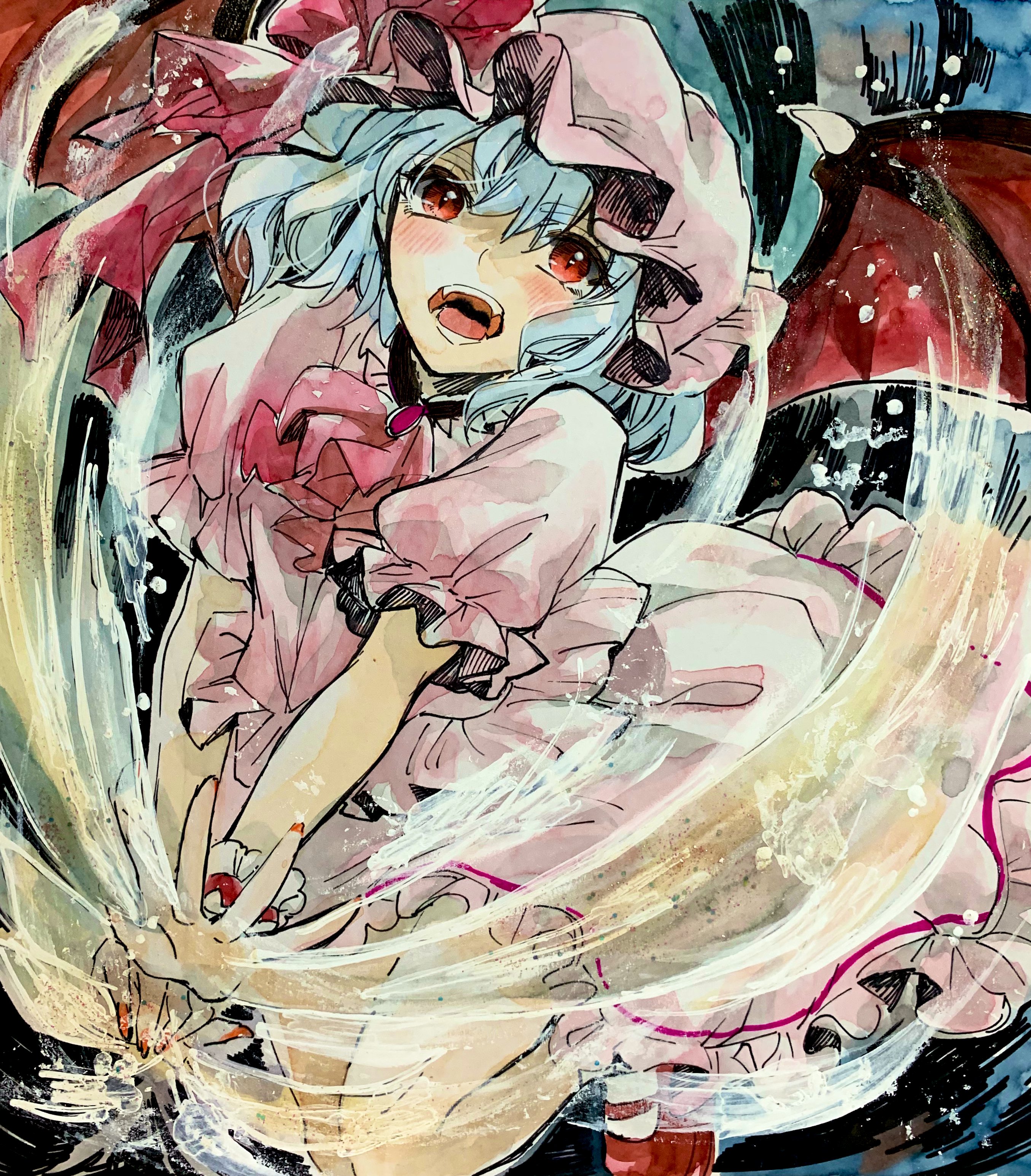 iori (akaringo), remilia scarlet, touhou, absurdres, highres, 1girl, ascot, bat wings, blue hair, hat, mob cap, open mouth, pink hat, pink shirt, pink skirt, red ascot, red background, red eyes, shirt, short hair, skirt, solo, wings