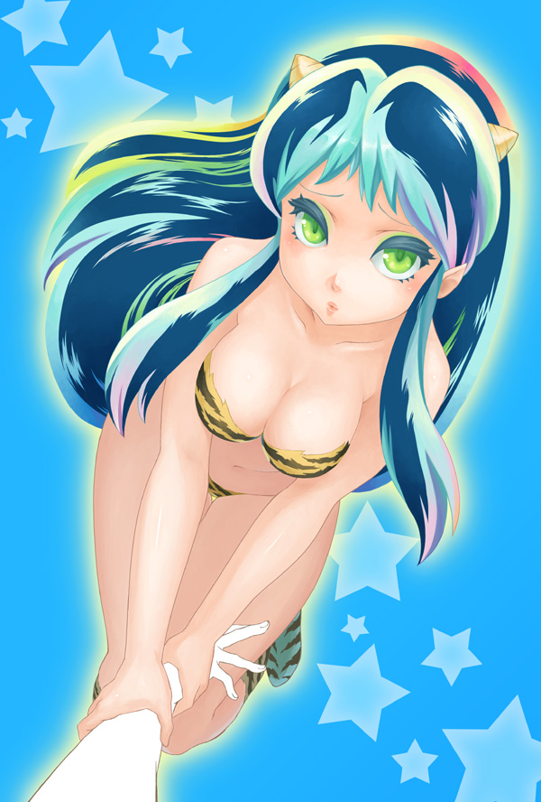 acha, lum, urusei yatsura, 1girl, animal print, breasts, cleavage, cone horns, cosplay, eyeshadow, female focus, horns, large breasts, makeup, oni, solo, striped horns, tiger print, yellow horns