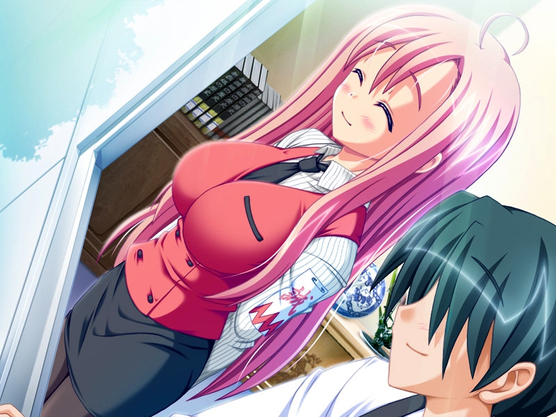 akaza, kondou isami, kondou isami (gakuen shinsengumi), gakuen shinsengumi, gakuen shinsengumi!, game cg, 1boy, 1girl, ahoge, blush, breasts, closed eyes, formal clothes, large breasts, miniskirt, pencil skirt, pink hair, skirt, skirt suit, suit, teacher, thighhighs, vest, window