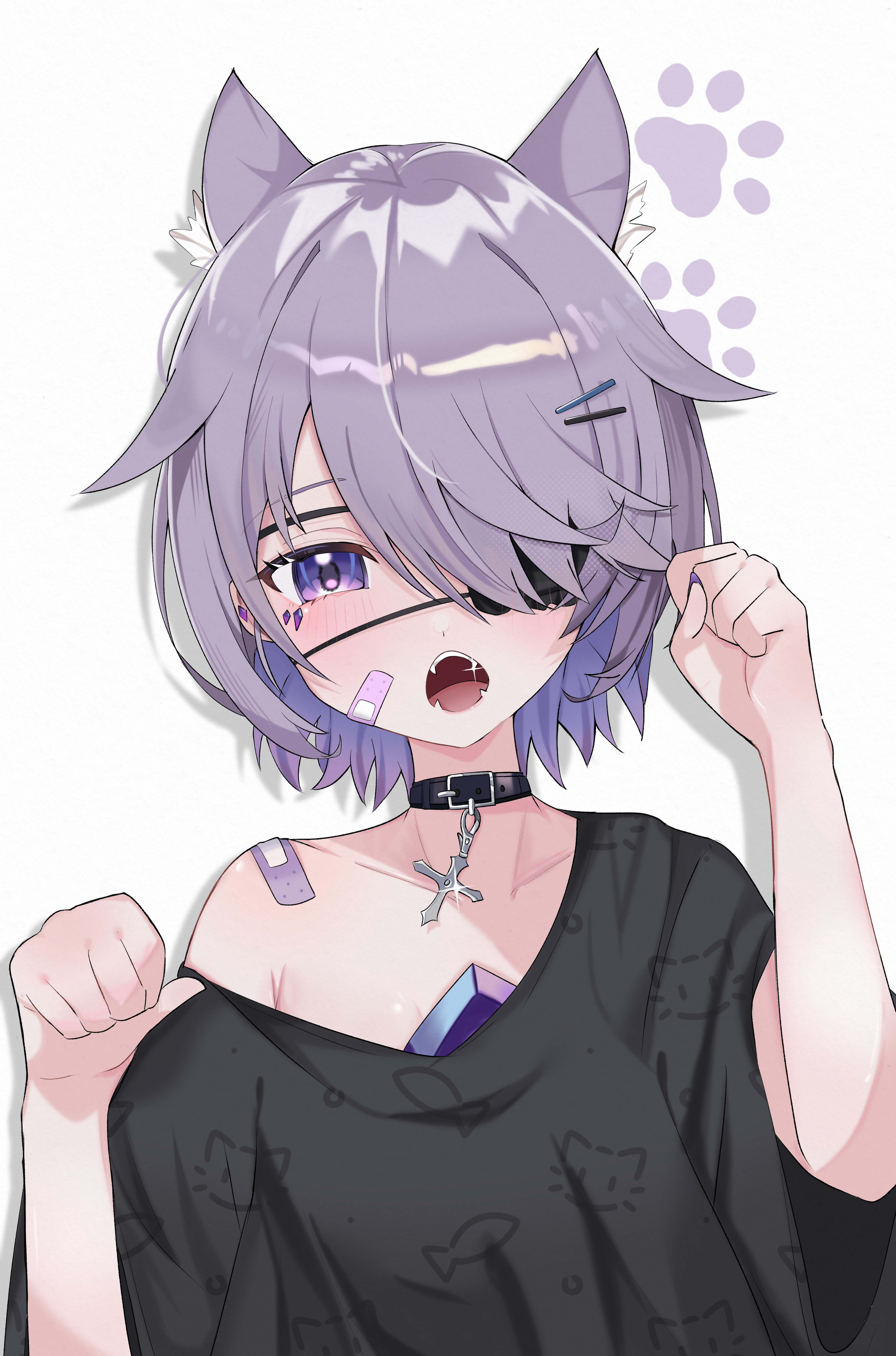 castellayaki, koseki bijou, hololive, hololive english, absurdres, highres, 1girl, animal ears, bandaid, bandaid on cheek, bandaid on face, bandaid on shoulder, black choker, black shirt, cat ears, cat girl, chest jewel, choker, cross, cross choker, eyepatch, fangs, gem, jewel under eye, looking at viewer, open mouth, purple eyes, purple gemstone, shirt, solo, teeth, virtual youtuber, white background