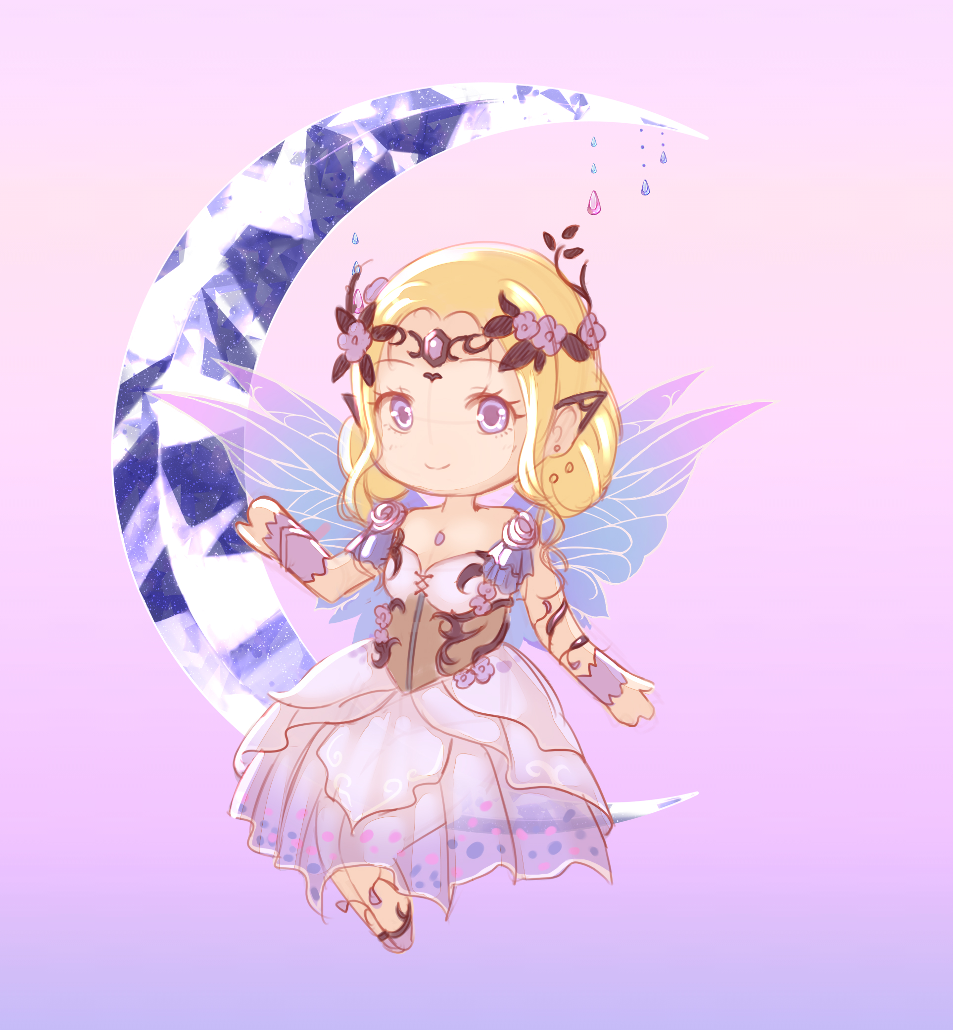 sarah ang, blooming dreams (infinity nikki), infinity nikki, nikki (series), highres, 1girl, beads, blonde hair, blue wings, brown corset, chest jewel, chibi, circlet, closed mouth, corset, dress, earrings, eyelashes, fairy, fairy wings, fake pointy ears, floral print, flower, forehead, gem, gradient background, hair beads, hair flower, hair ornament, happy, jewelry, long dress, on crescent, print dress, purple arm warmers, purple background, purple dress, purple eyes, purple flower, purple gemstone, purple rose, purple shoes, rose, shoes, short hair with long locks, sidelocks, simple background, sitting, sleeveless, sleeveless dress, smile, solo, stud earrings, wings