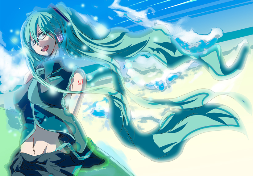 tanupo, hatsune miku, vocaloid, bad id, bad pixiv id, aqua hair, cosplay, glasses, long hair, navel, solo, twintails, very long hair